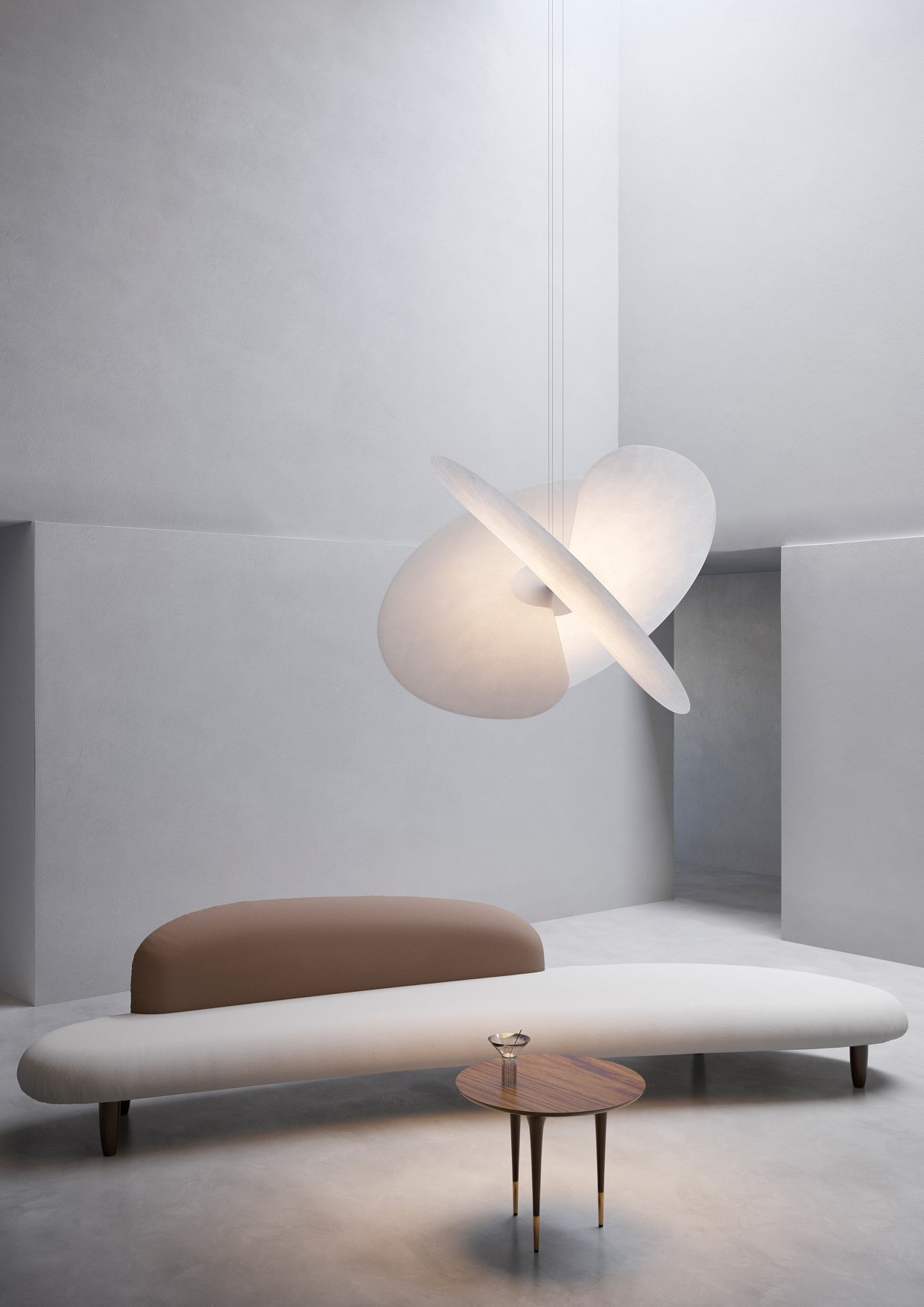 A06 1 Levante Hängeleuchte von Luceplan: Moderne Designerlampe in einem stilvollen Wohnraum.