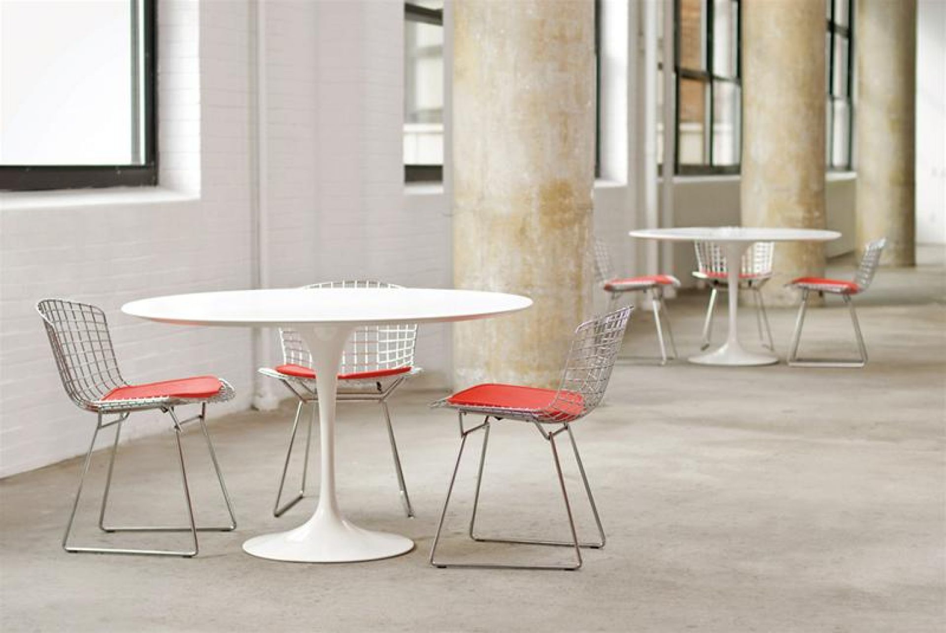 Weißer Saarinen Esstisch mit rundem Untergestell und Wire Chairs mit roten Sitzkissen in modernem Ambiente.