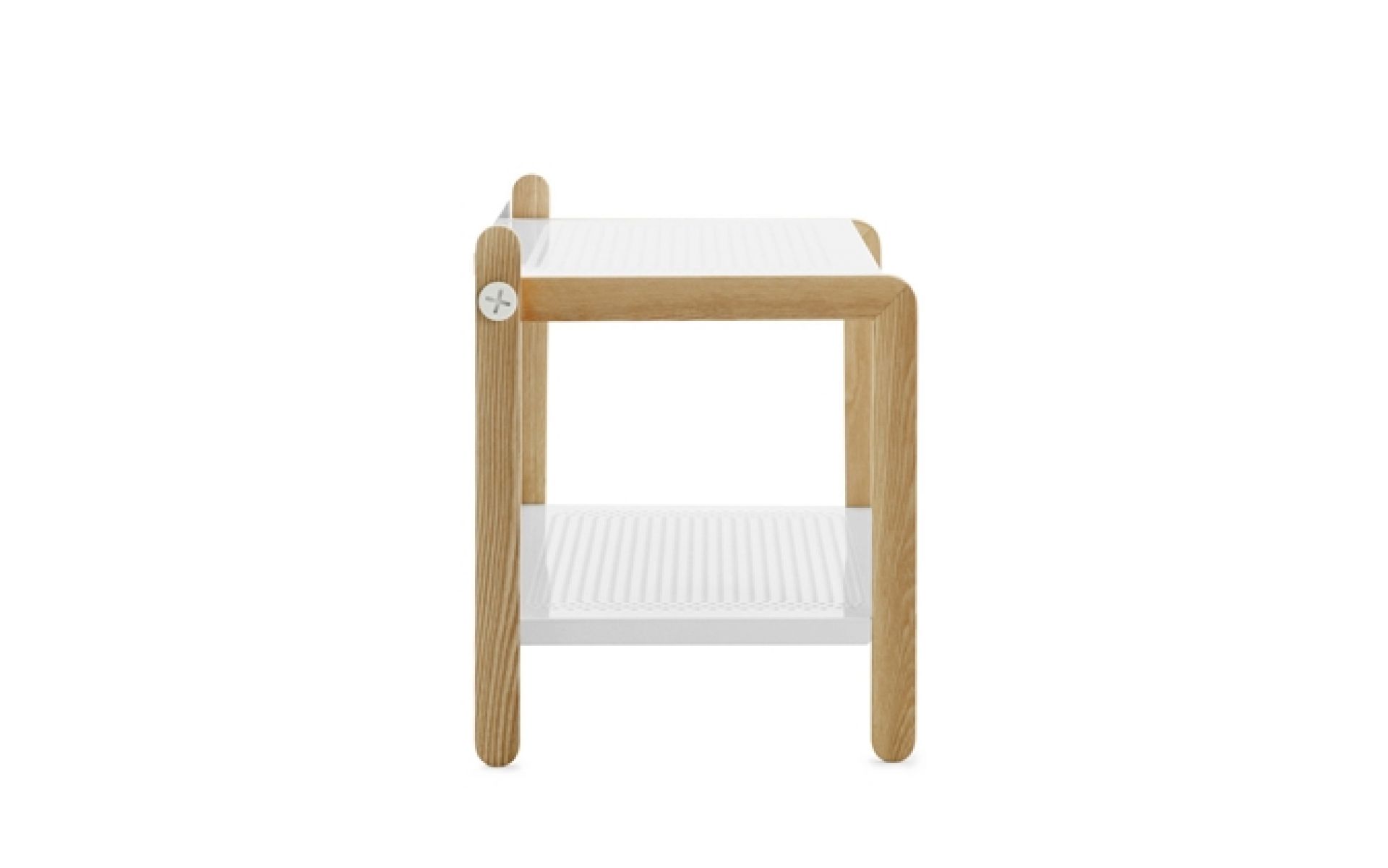 Sko Schuhregal von Normann Copenhagen aus hellem Holz mit zwei weißen Ablageflächen.