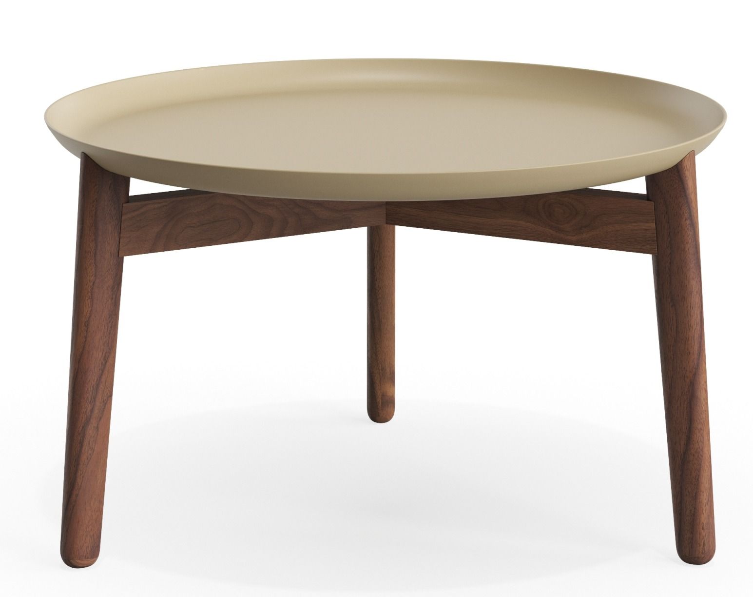 Plaisir Beistelltisch von Zeitraum, Aluminium Tischplatte in Beige mit drei Beinen aus dunklem Holz.