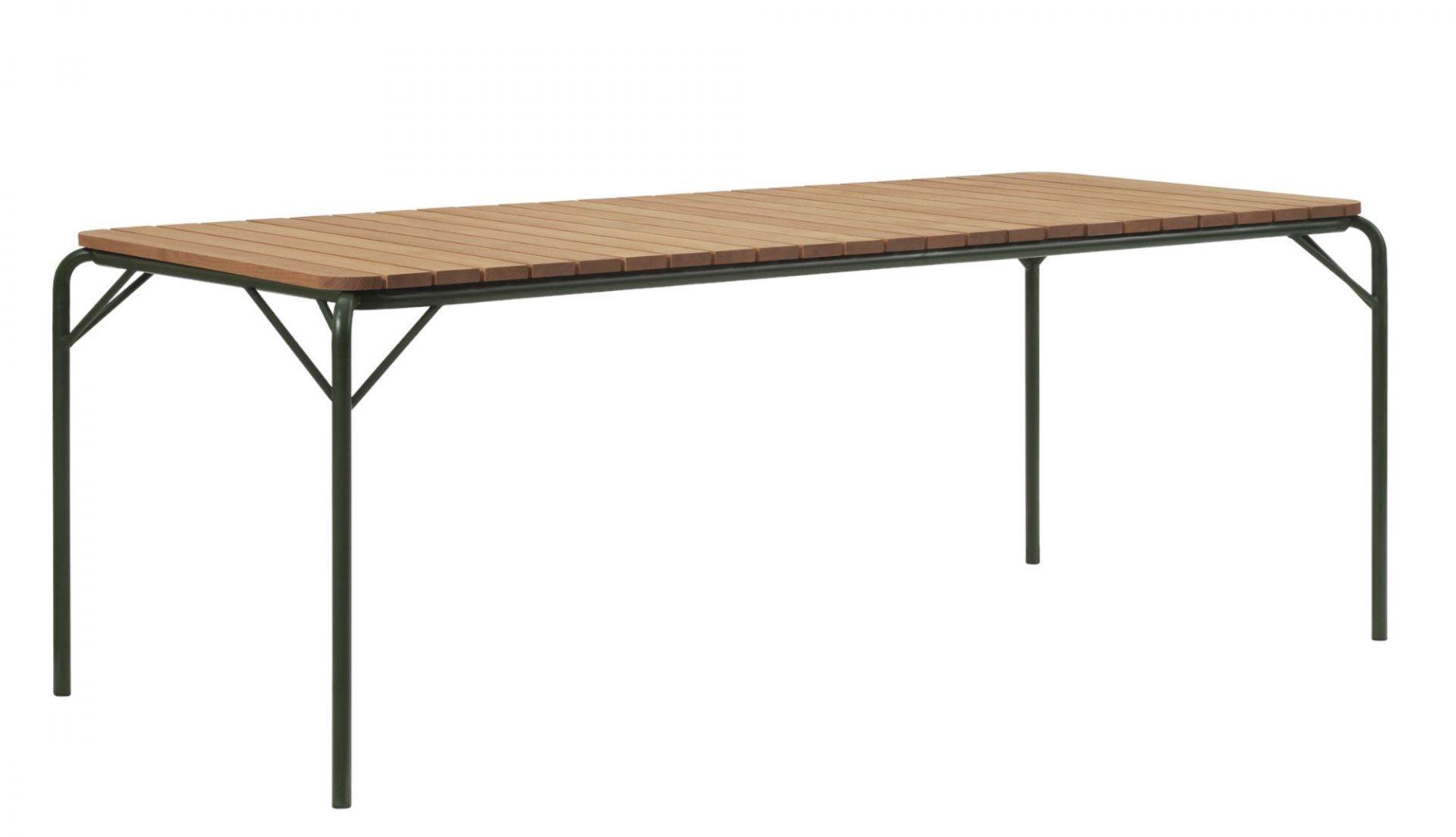 Normann Copenhagen Vig Table, ein moderner Gartentisch aus Holzlatten und grünem Metallgestell.
