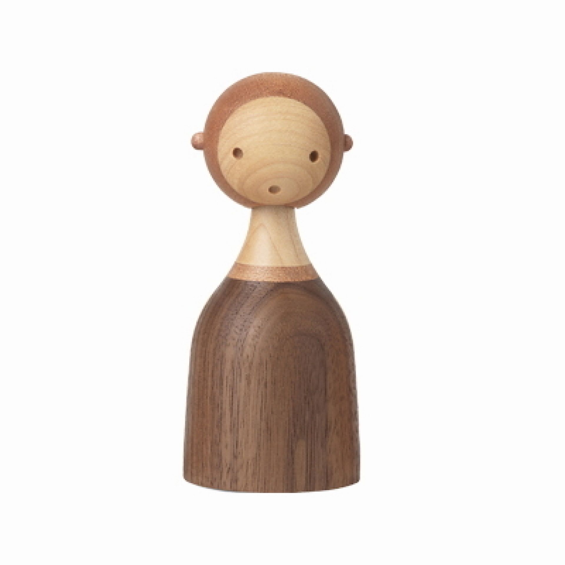 Holzfigur "Kin" von Architectmade, ein handgefertigtes Deko-Objekt aus hellem und dunklem Holz.