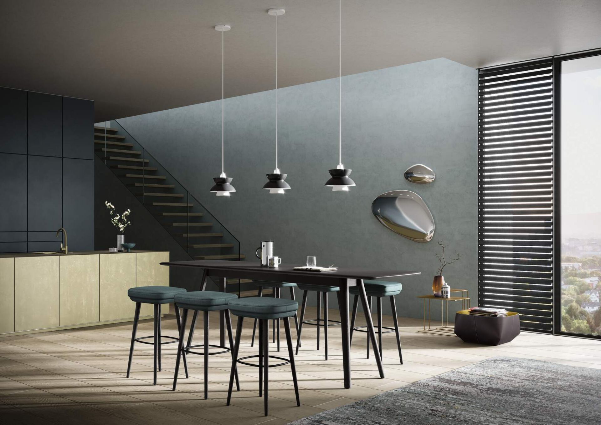 Moderner Wohnraum mit Walter Knoll Teppich, Barhockern, Esstisch und stilvoller Dekoration für gehobenes Wohnambiente.