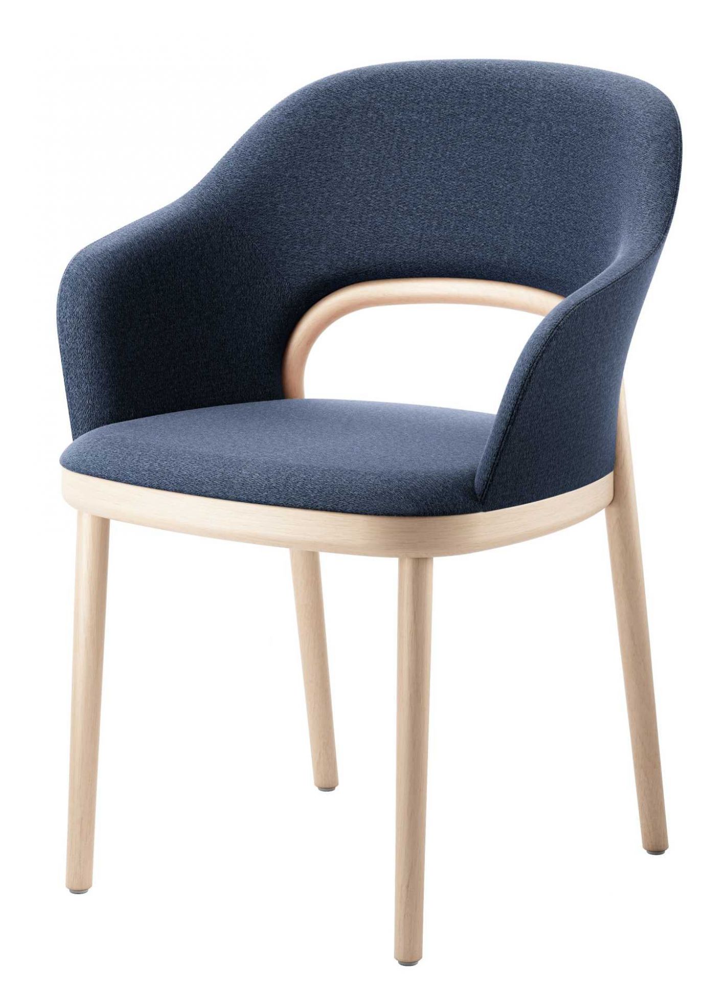 Blauer Thonet Polsterstuhl 520 PF mit Armlehnen und hellem Holzgestell, Ansicht von vorn.