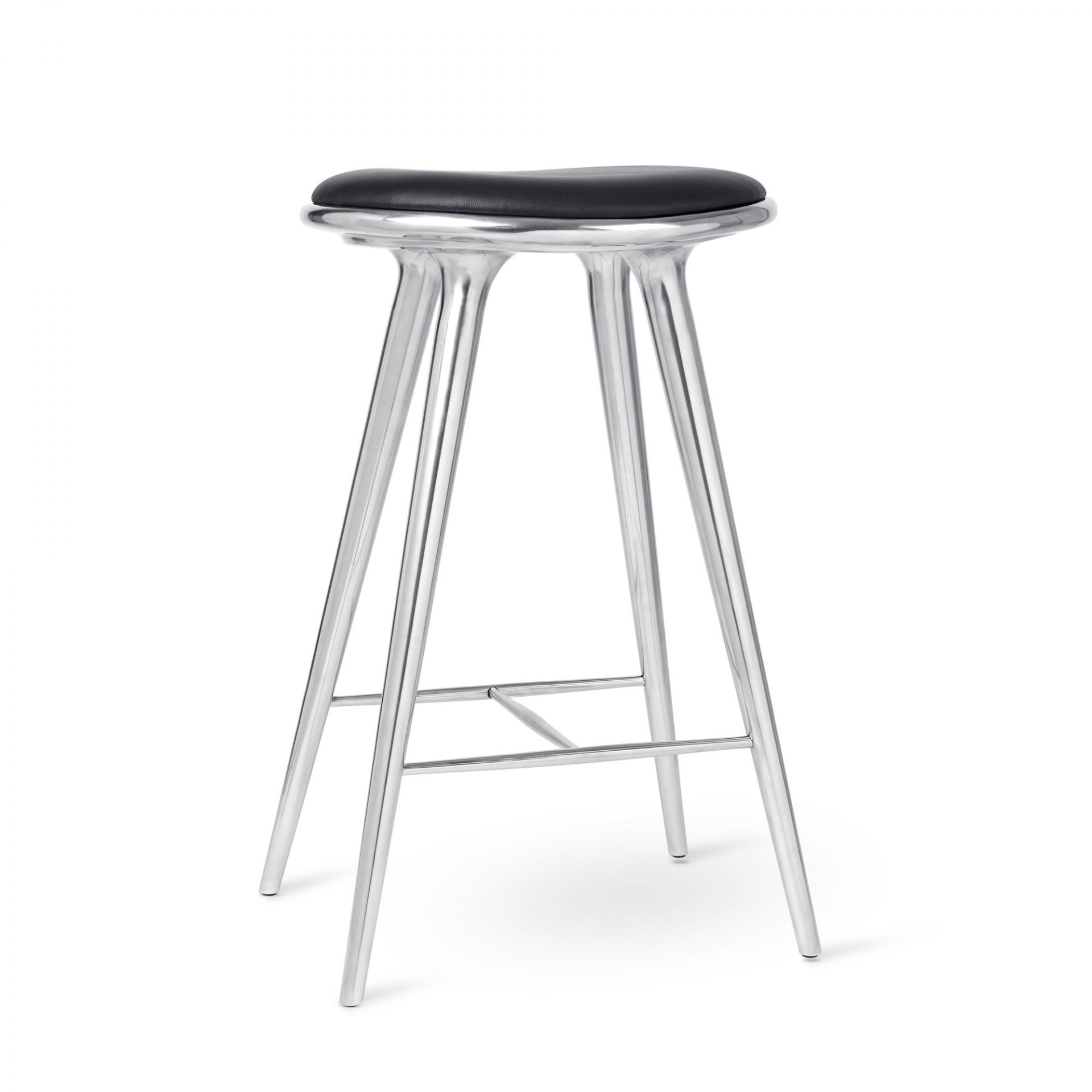 Moderner Barhocker aus Aluminium mit schwarzem Sitzpolster, ideal für Küche oder Bar.
