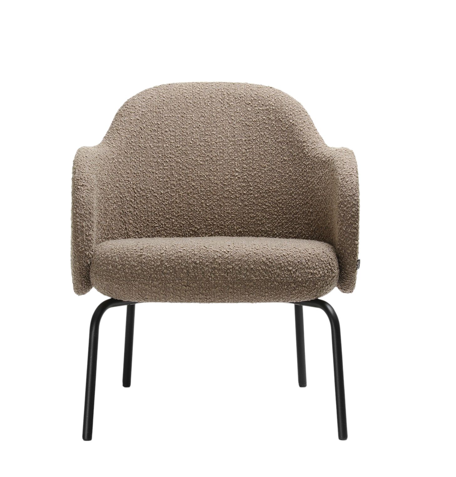 Beiger Loungesessel "flos FS F 420 Bejot" mit Bouclé-Bezug und schwarzem Metallgestell, Frontansicht.