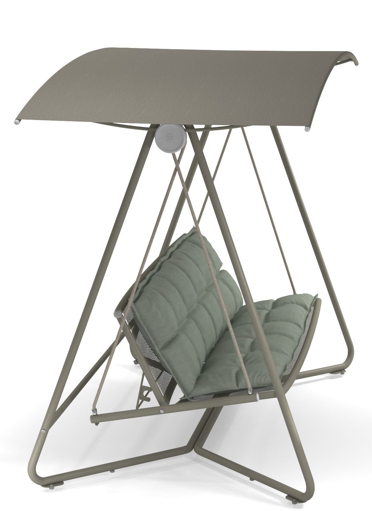 Graue Reel Rocking Sofa Schaukel mit Kissen und Sonnendach für den Garten.