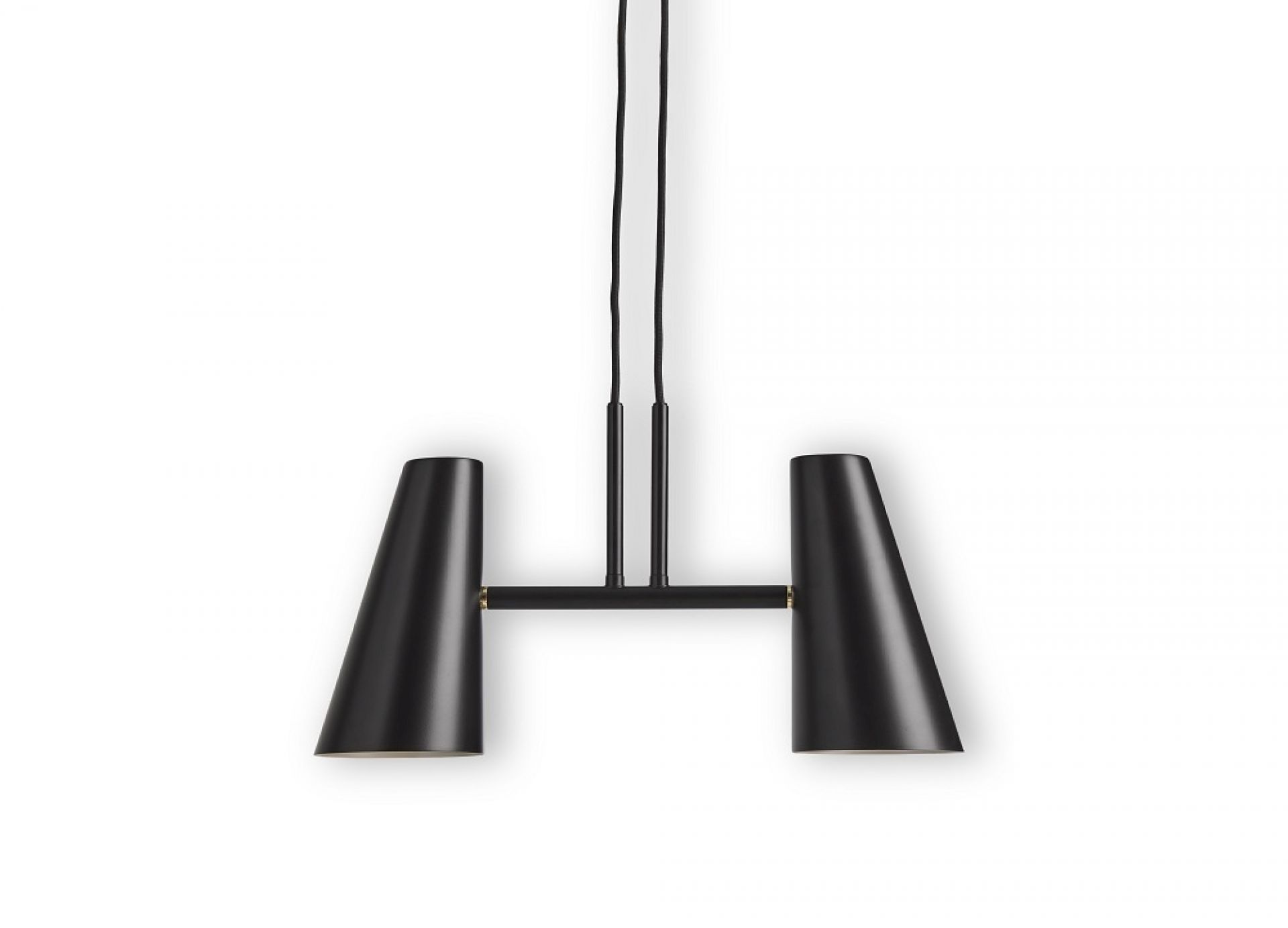 Schwarze Cono Pendelleuchte von Woud mit zwei Lampenschirmen, modernes Design für Wohnzimmer und Esszimmer.