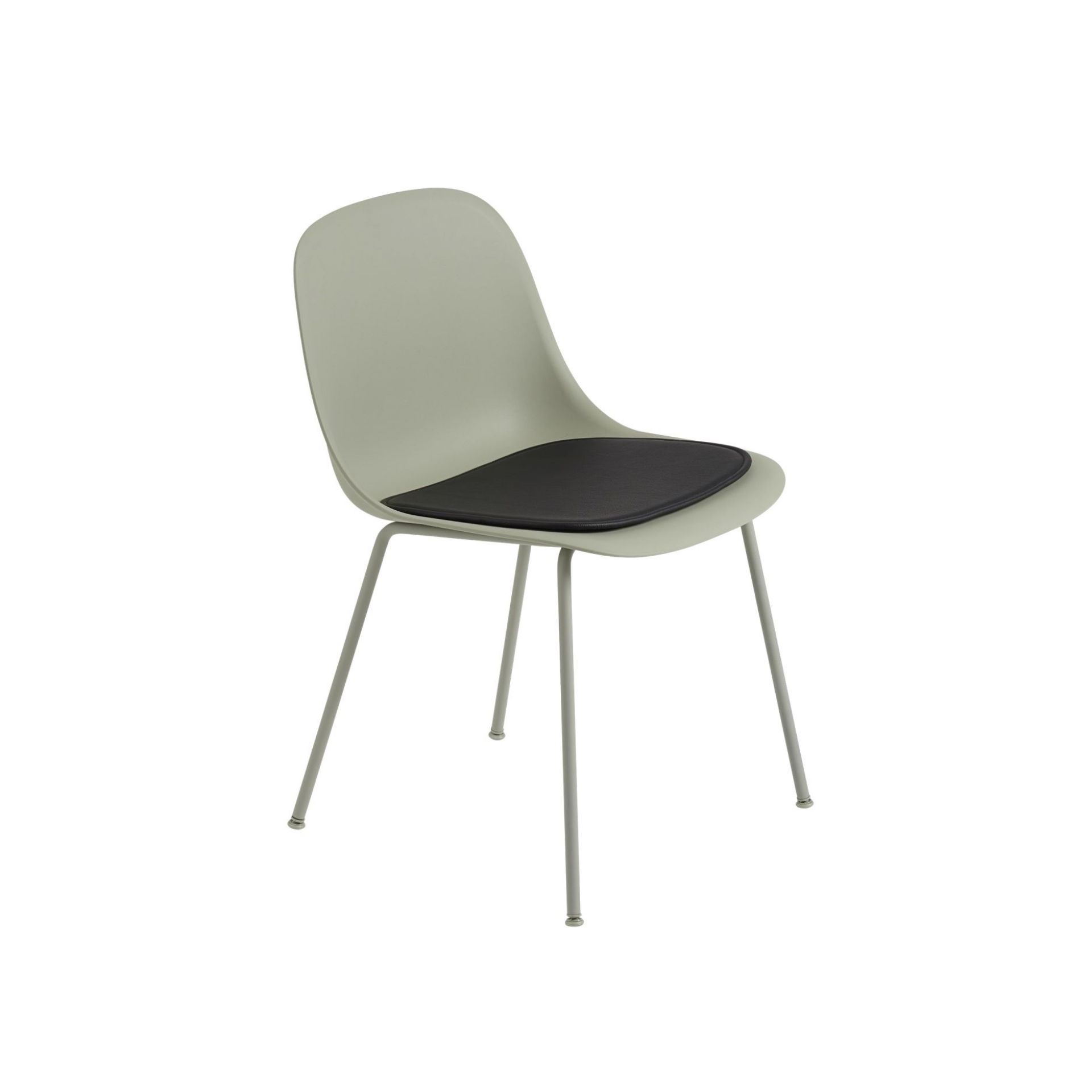 Muuto Fiber Side Chair mit Kufengestell in Staubgrün mit schwarzem Sitzkissen, moderner Designstuhl.