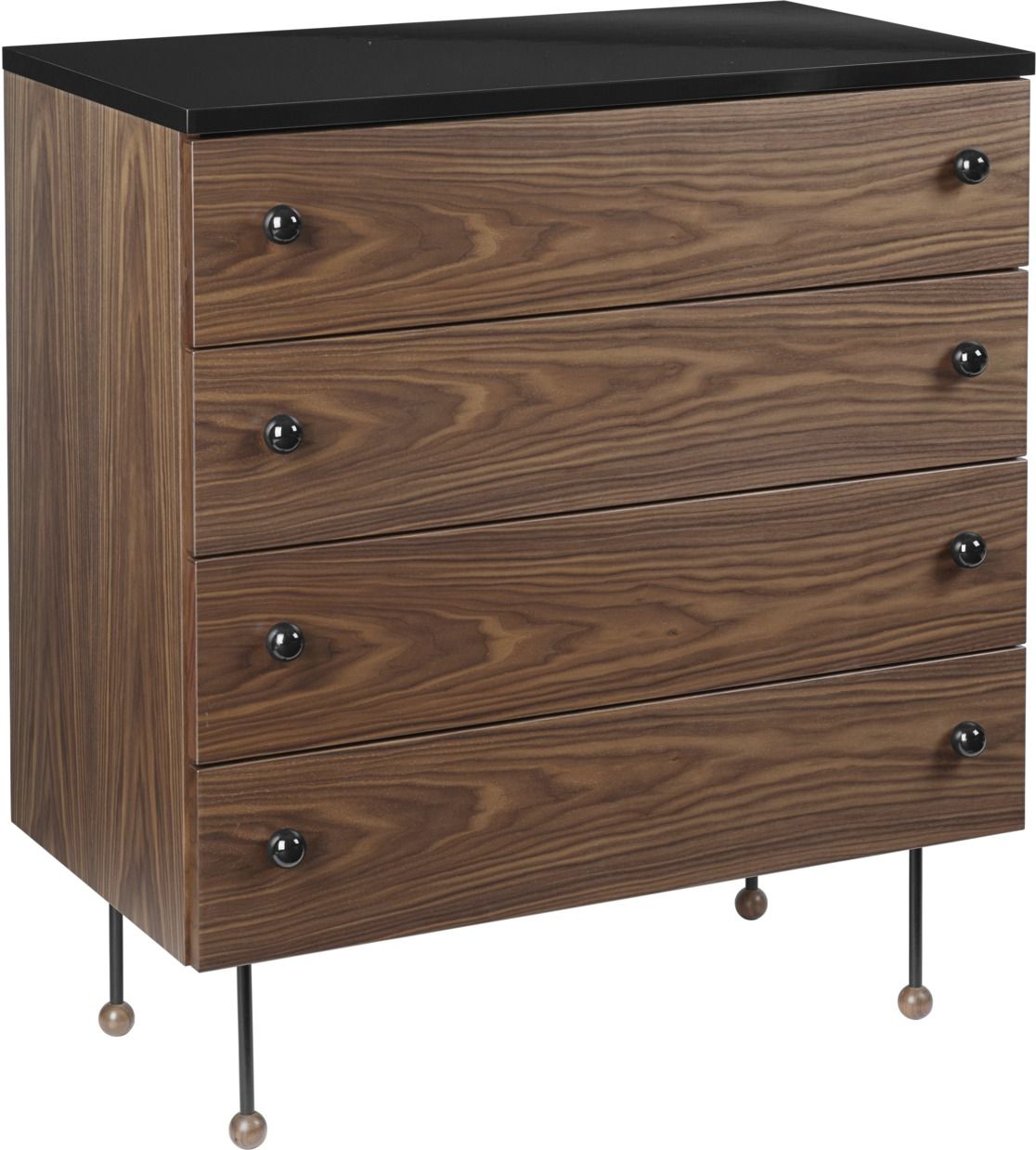 Gubi Kommode mit vier Schubladen in Walnussoptik und schwarzer Tischplatte. Design Kommode.