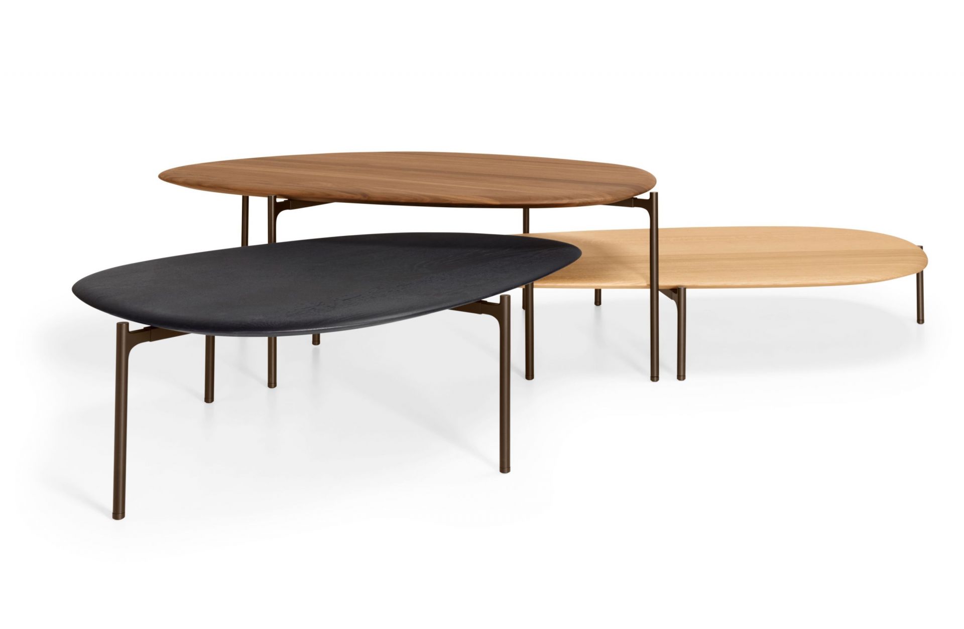 Walter Knoll Ishino Wood Table Beistelltisch mit drei ovalen Tischen in Holz und Metall.