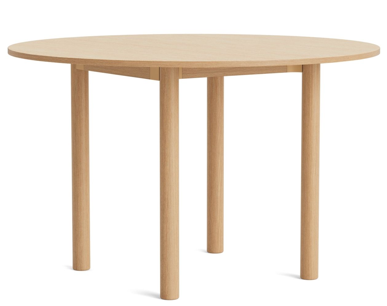 Annex Table Round Esstisch von Hay, runder Holztisch mit vier Beinen, helle Holzfarbe.