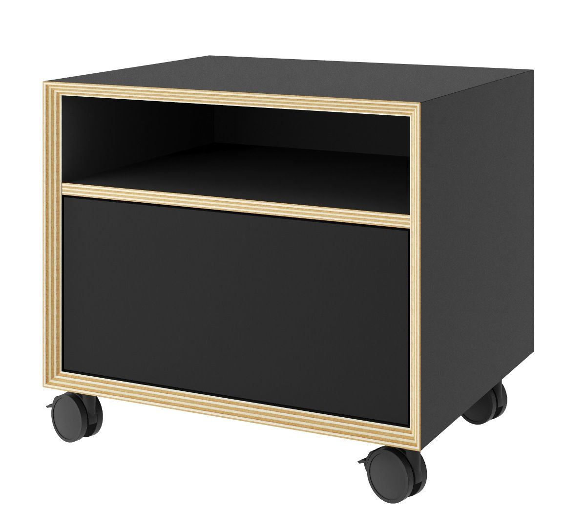 Vertiko Kommode von Müller Möbelwerkstätten, kleine schwarze Rollkommode mit Schublade und offenem Fach.