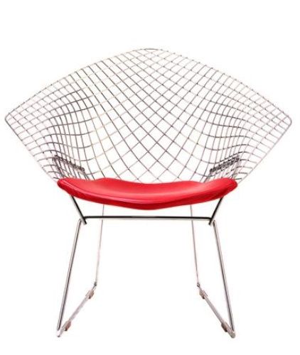 Diamond Sessel mit rotem Sitzkissen. Designklassiker, Drahtstuhl von Knoll International.