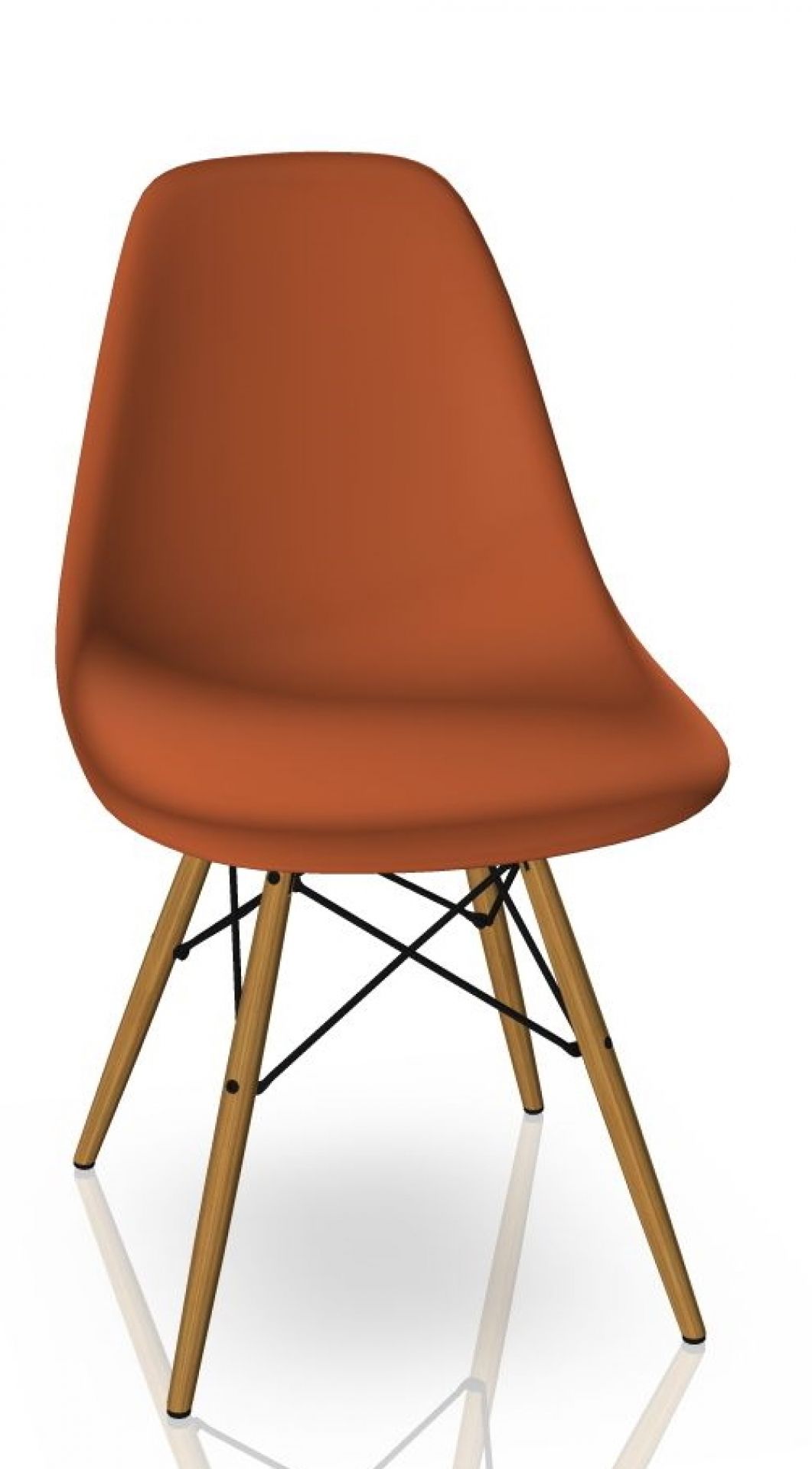 Eames Side Chair DSW in Rostorange mit honigfarbenem Eschenholzgestell. Designklassiker für Esszimmer und Wohnbereich.