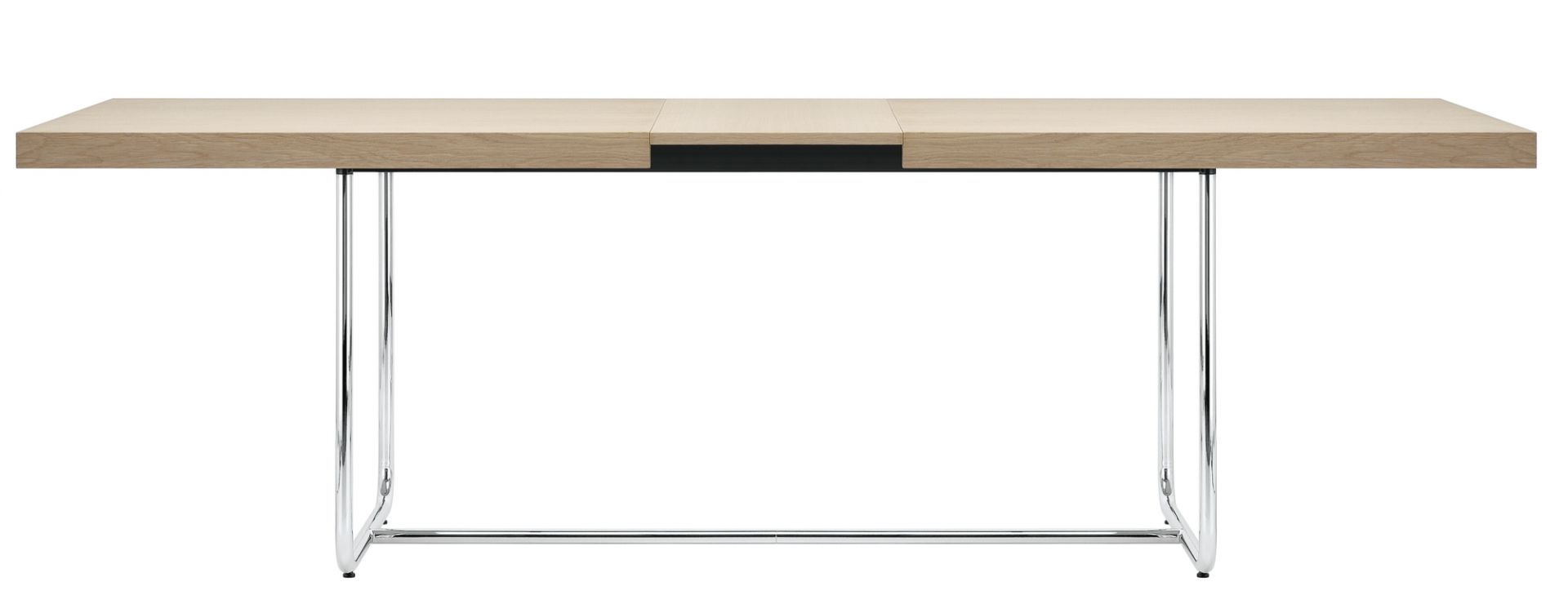 S 1071 Thonet Esstisch ausziehbar mit hellem Holz und verchromtem Stahlgestell.