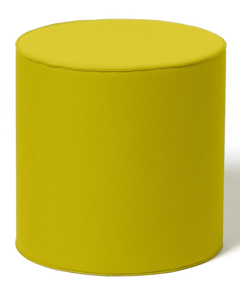 Gelber, zylinderförmiger Sitzhocker aus Stoff, ideal als Fußhocker oder Beistelltisch für modernes Wohnen.