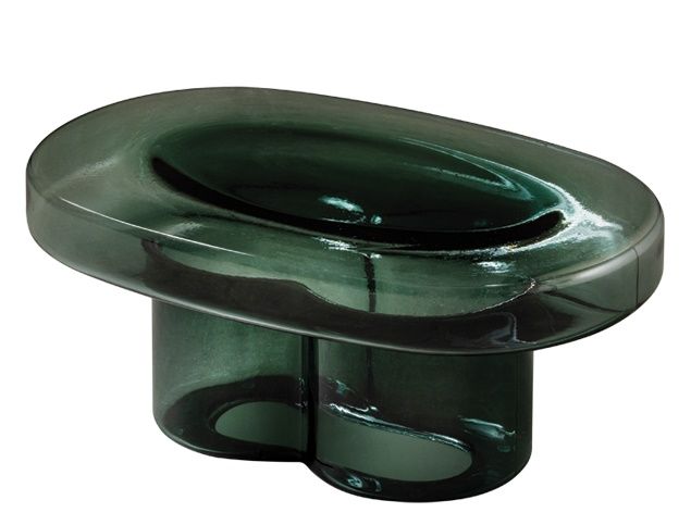 Petrolfarbener Soda Couchtisch von Miniforms, oval, aus Glas gefertigt, modernes Design.