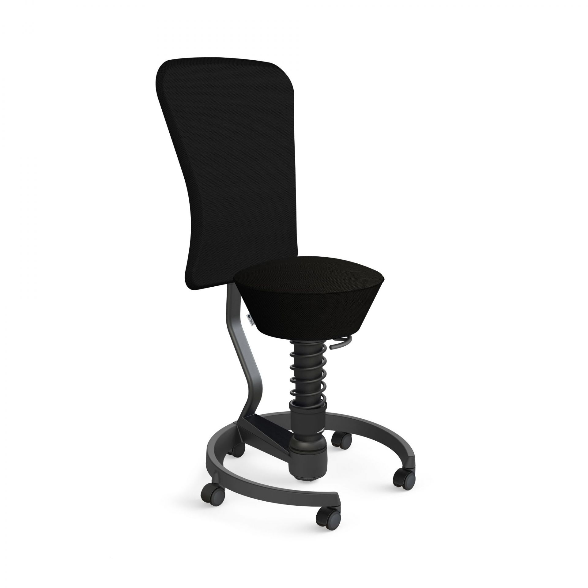 Schwarzer Bürostuhl mit Rückenlehne, Federung und Rollen für ergonomisches Sitzen im Büro.