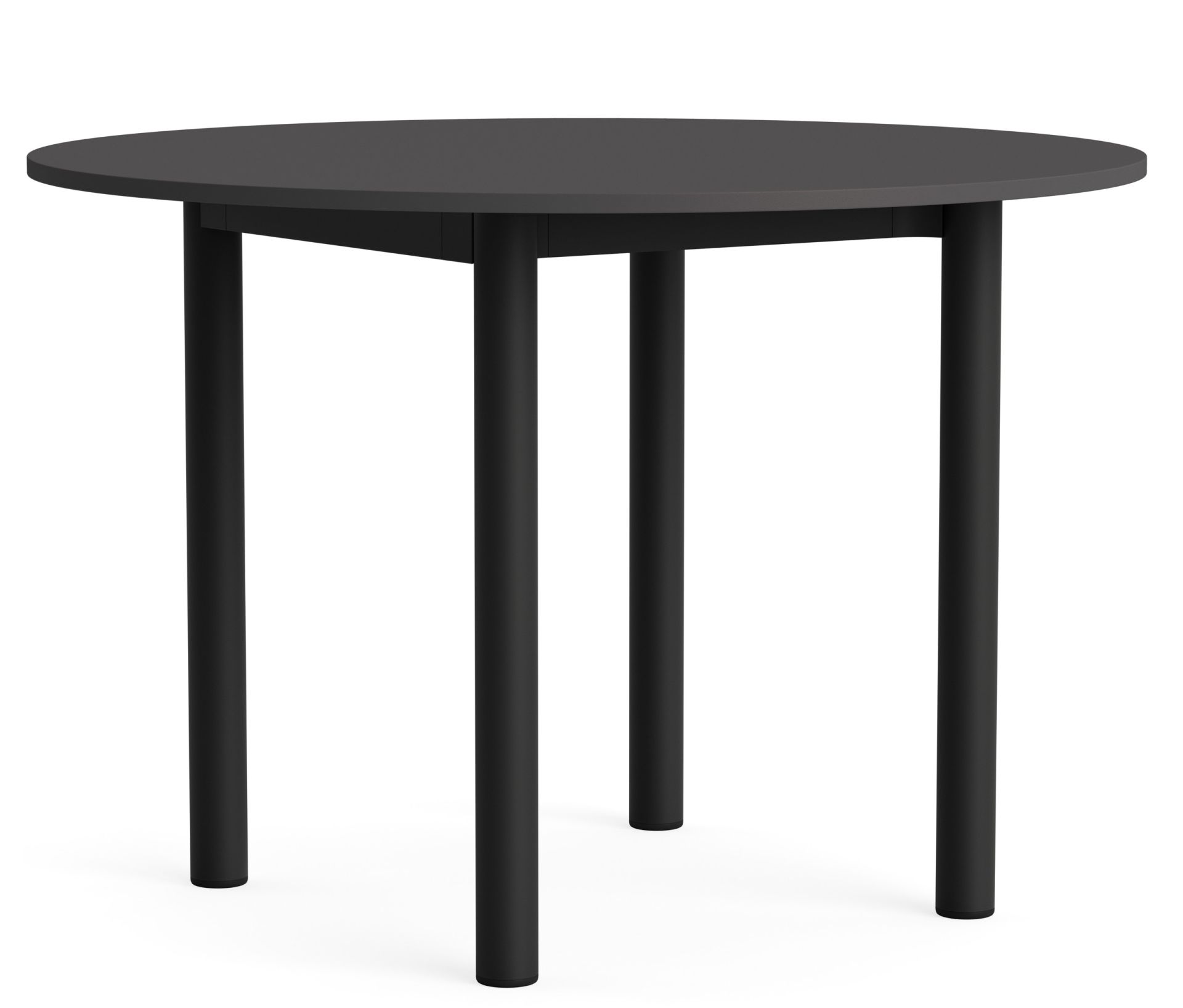 Annex Table Round Esstisch von Hay, runder Tisch mit schwarzer Tischplatte und vier Beinen.