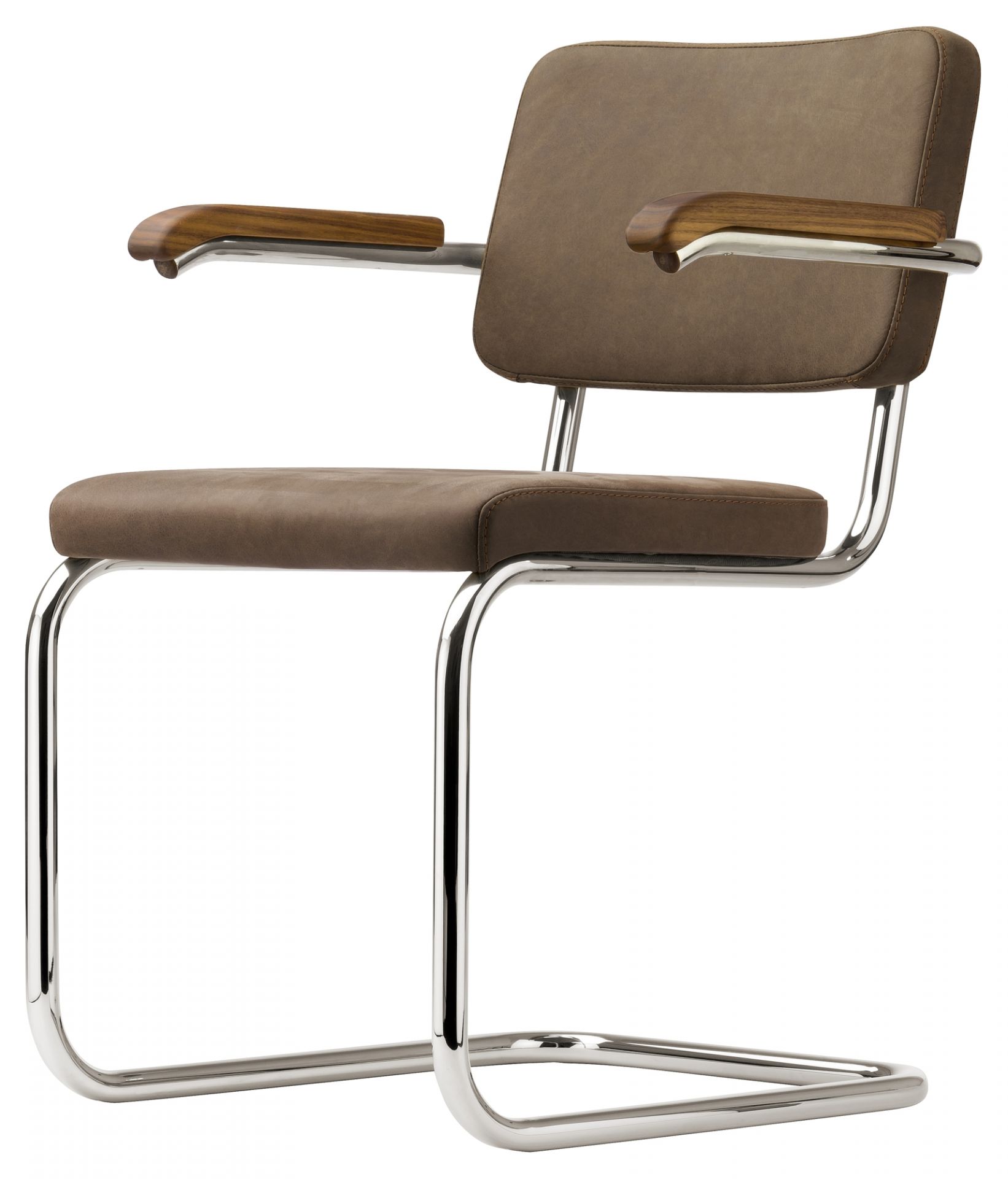 S 64 PV Thonet Freischwinger mit Stahlrohrgestell und braunem Lederbezug, Armlehnen aus Holz. Klassisches Design.
