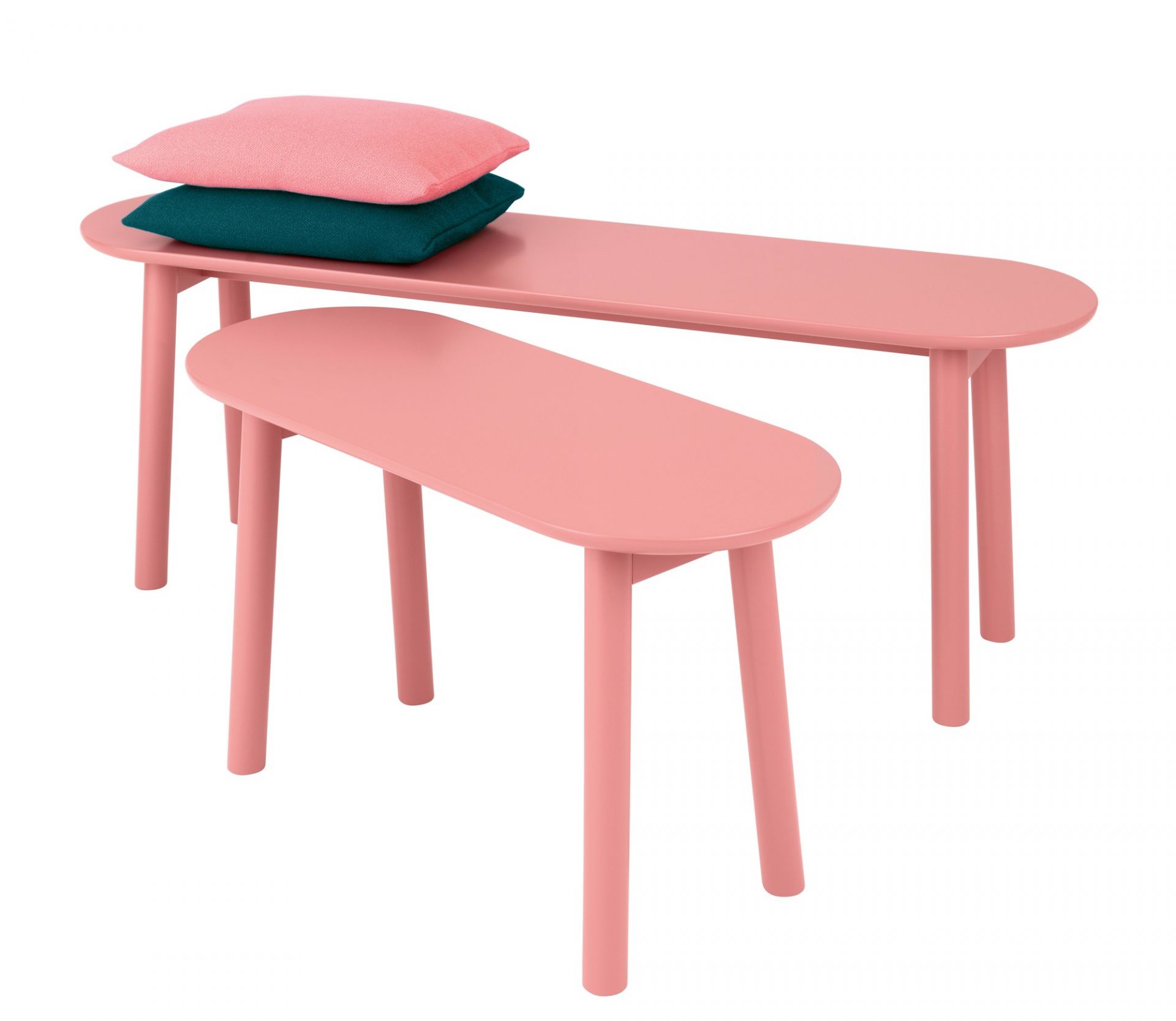 Schönbuch Mala Sitzbank, 120 cm breit, in Rosa mit Kissen in Rosa und Grün.