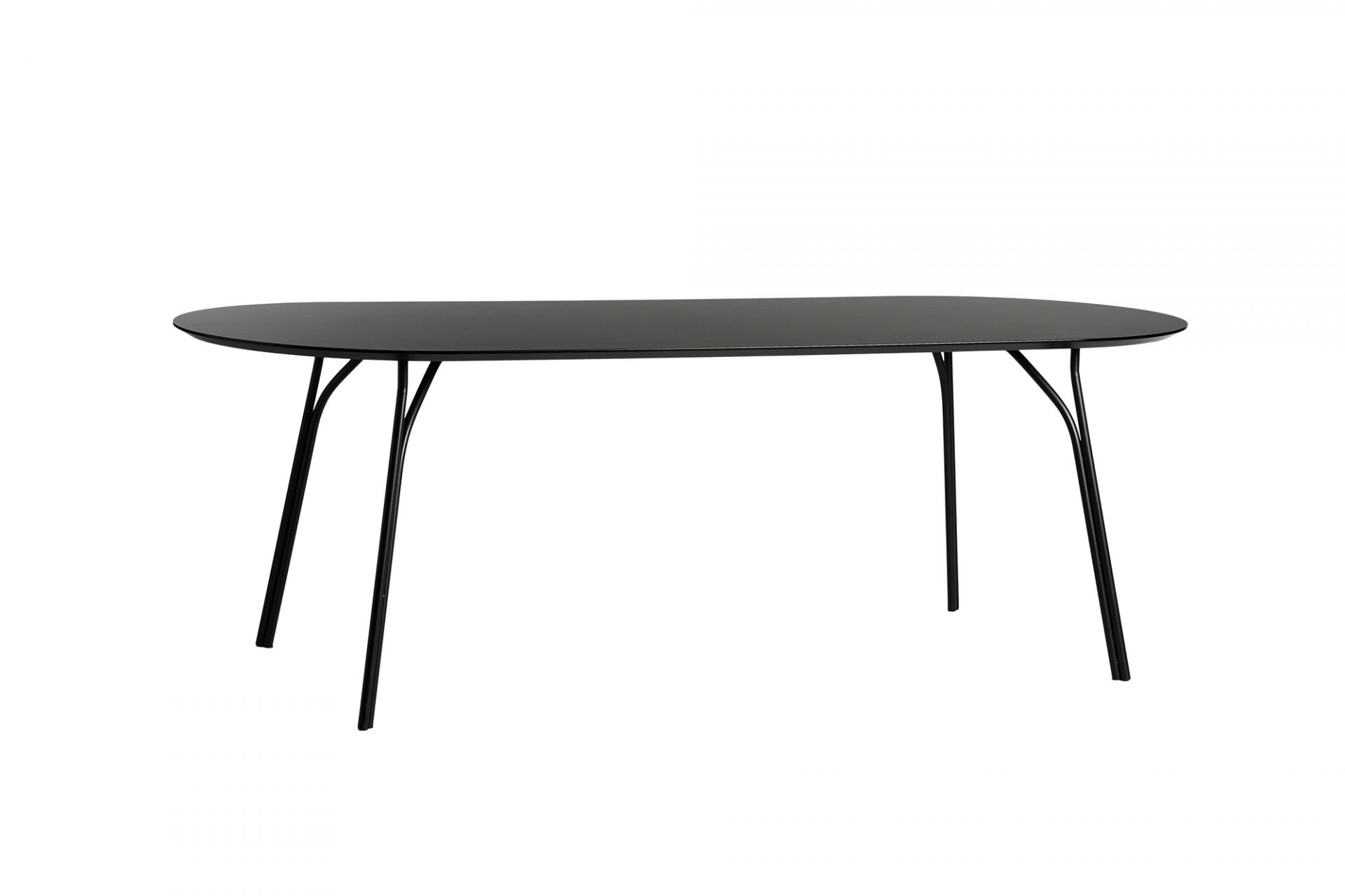 Schwarzer Tree Esstisch von Woud, 90x220 cm, mit ovaler Tischplatte und filigranem, modernem Design.