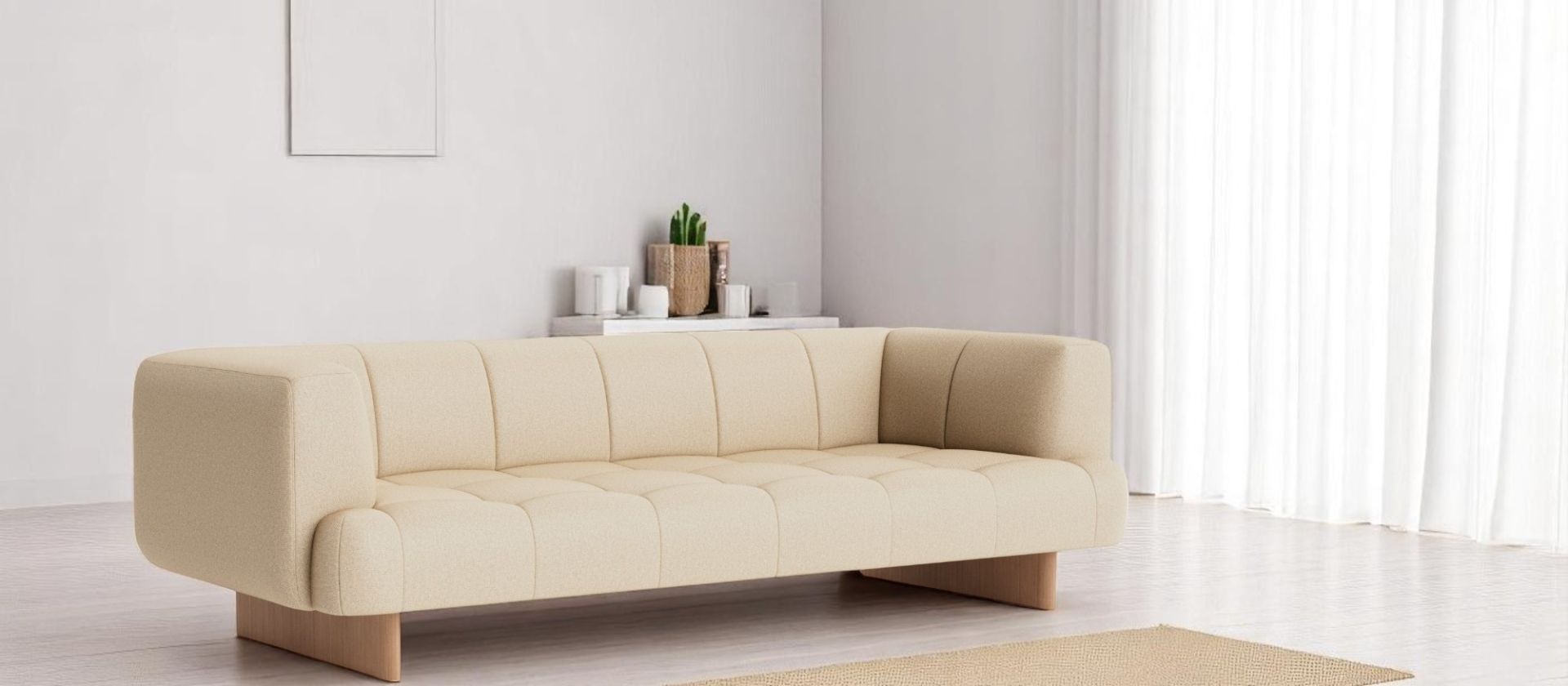 Beige Quilton Lift Sofa von Hay, modernes 3-Sitzer Sofa mit minimalistischem Design und Holzfüßen.