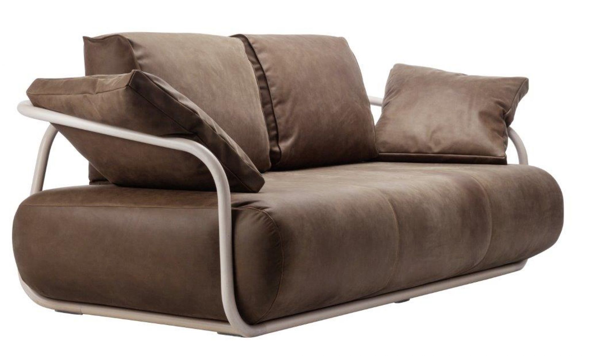 Braunes 2-Sitzer Thonet Bugholz-Sofa 2002 mit hellen Metallgestell und losen Kissen, modernes Wohnzimmermöbel.