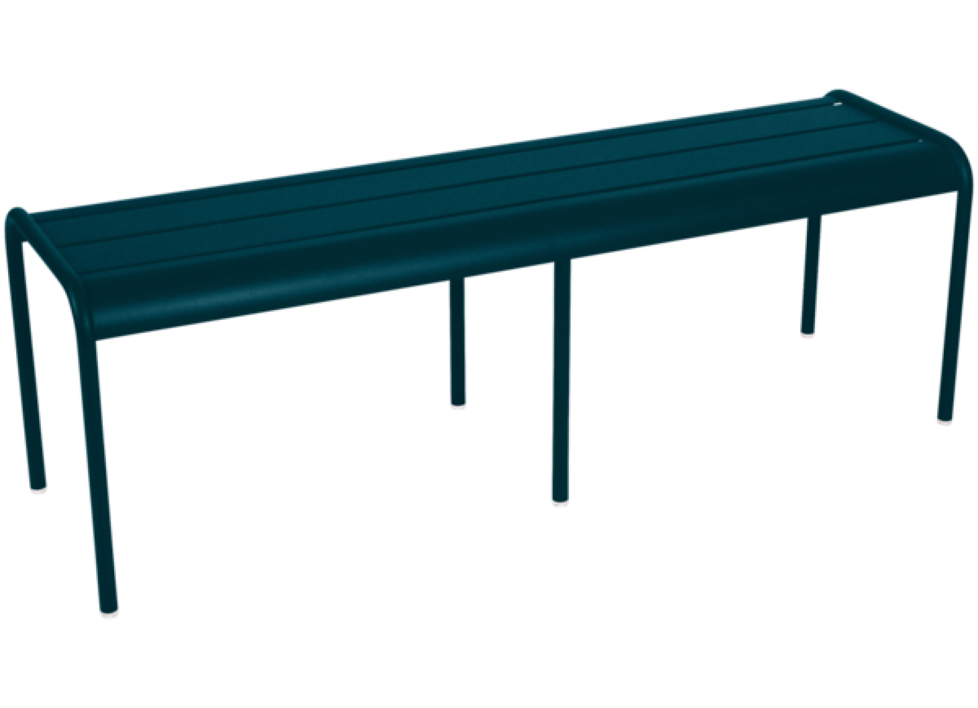 Blaue Fermob Luxembourg Bank für den Außenbereich, Gartenmöbel aus Metall, modernes Design.