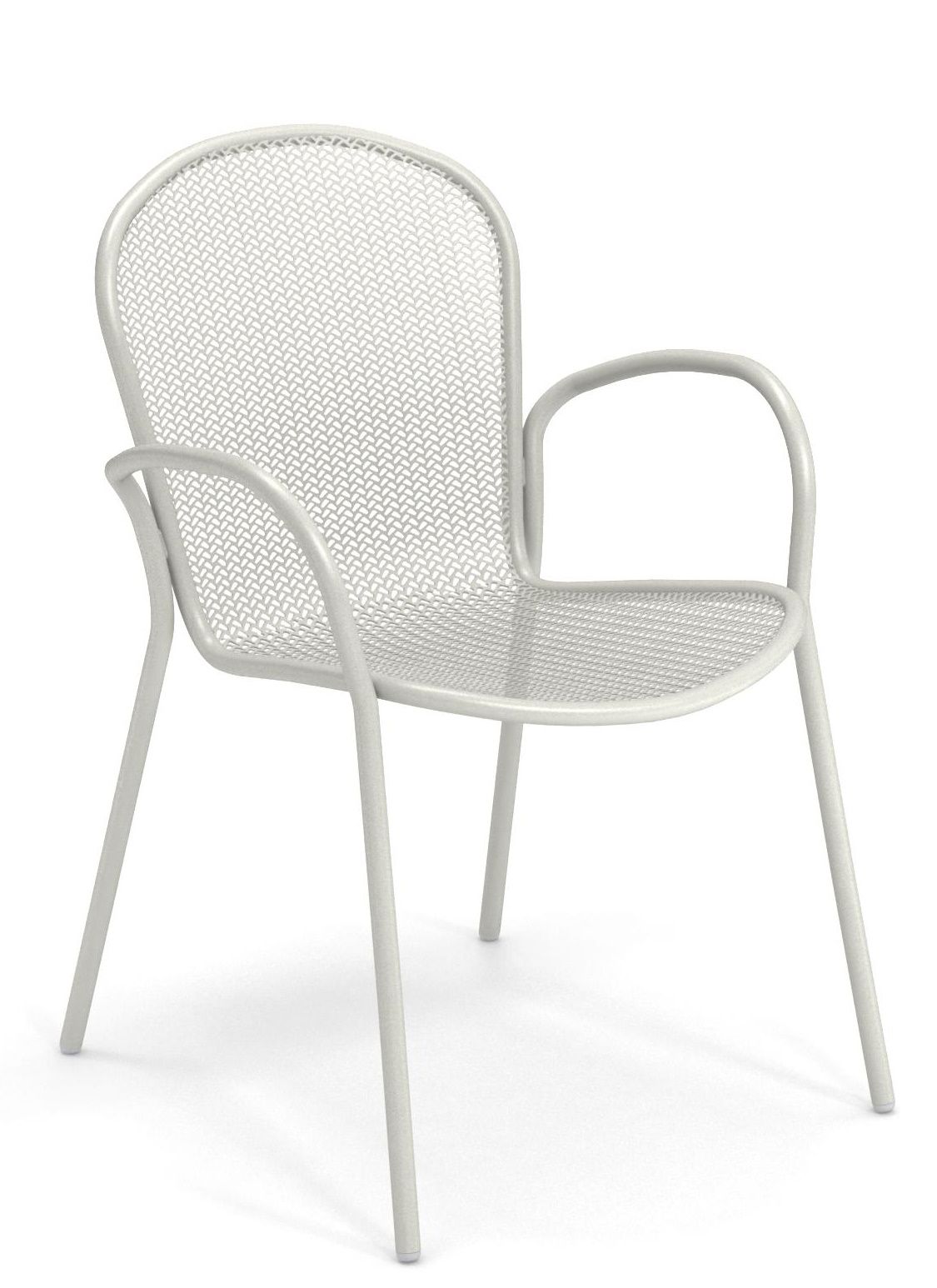 Ronda X Stuhl Outdoor Emu, weißer Metallstuhl mit Armlehnen und Netzstruktur für Garten und Terrasse.