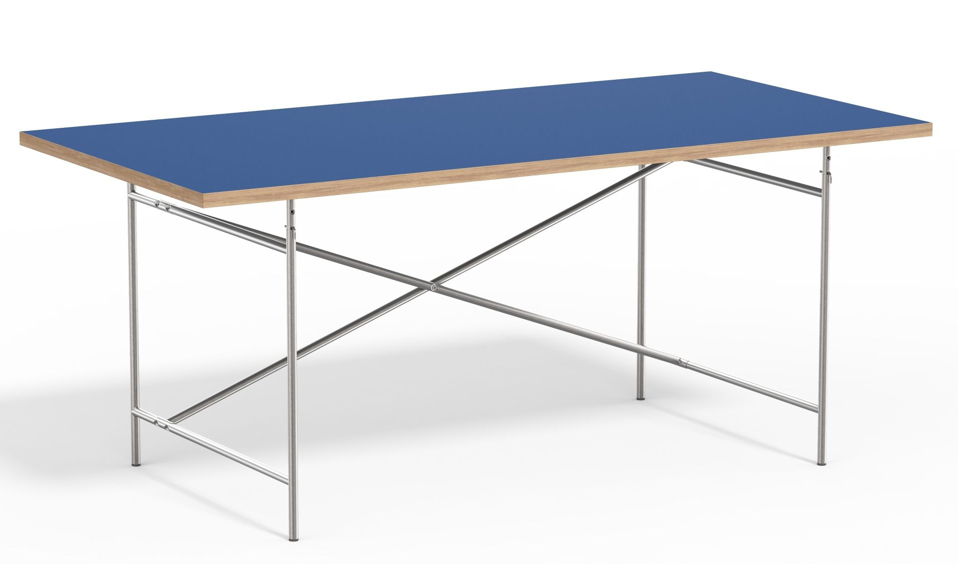 Eiermann Tisch mit blauer Tischplatte und verchromtem Stahlgestell, Designklassiker für Büro und Homeoffice.