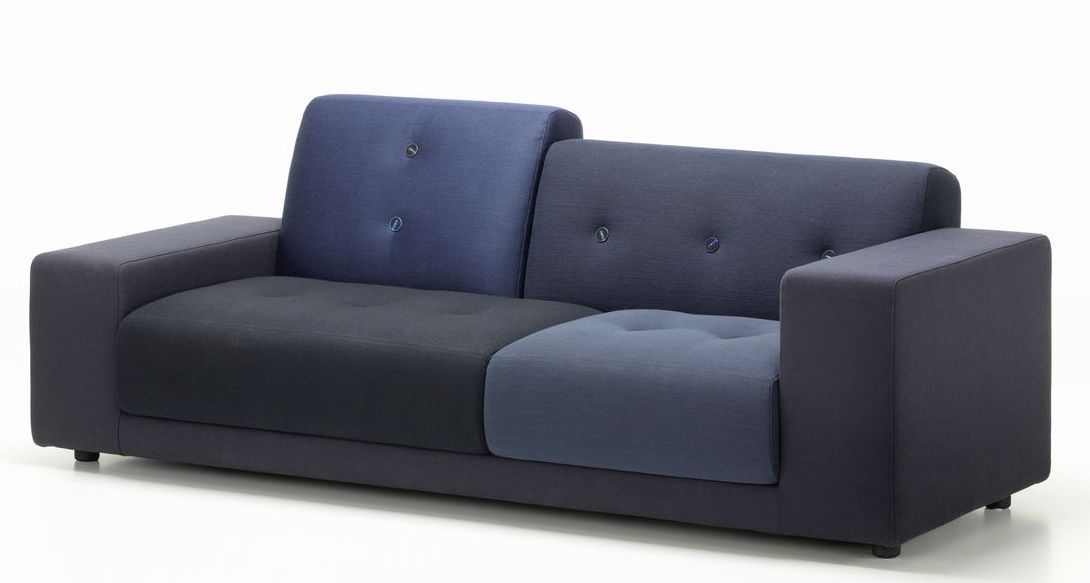 Vitra Polder Compact Sofa in verschiedenen Blautönen, modernes Design Sofa mit Knopfdetails.
