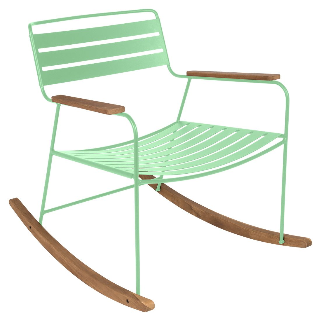 Fermob Surprising Schaukelstuhl für den Garten, hellgrünes Metallgestell mit Armlehnen und Kufen aus Holz.