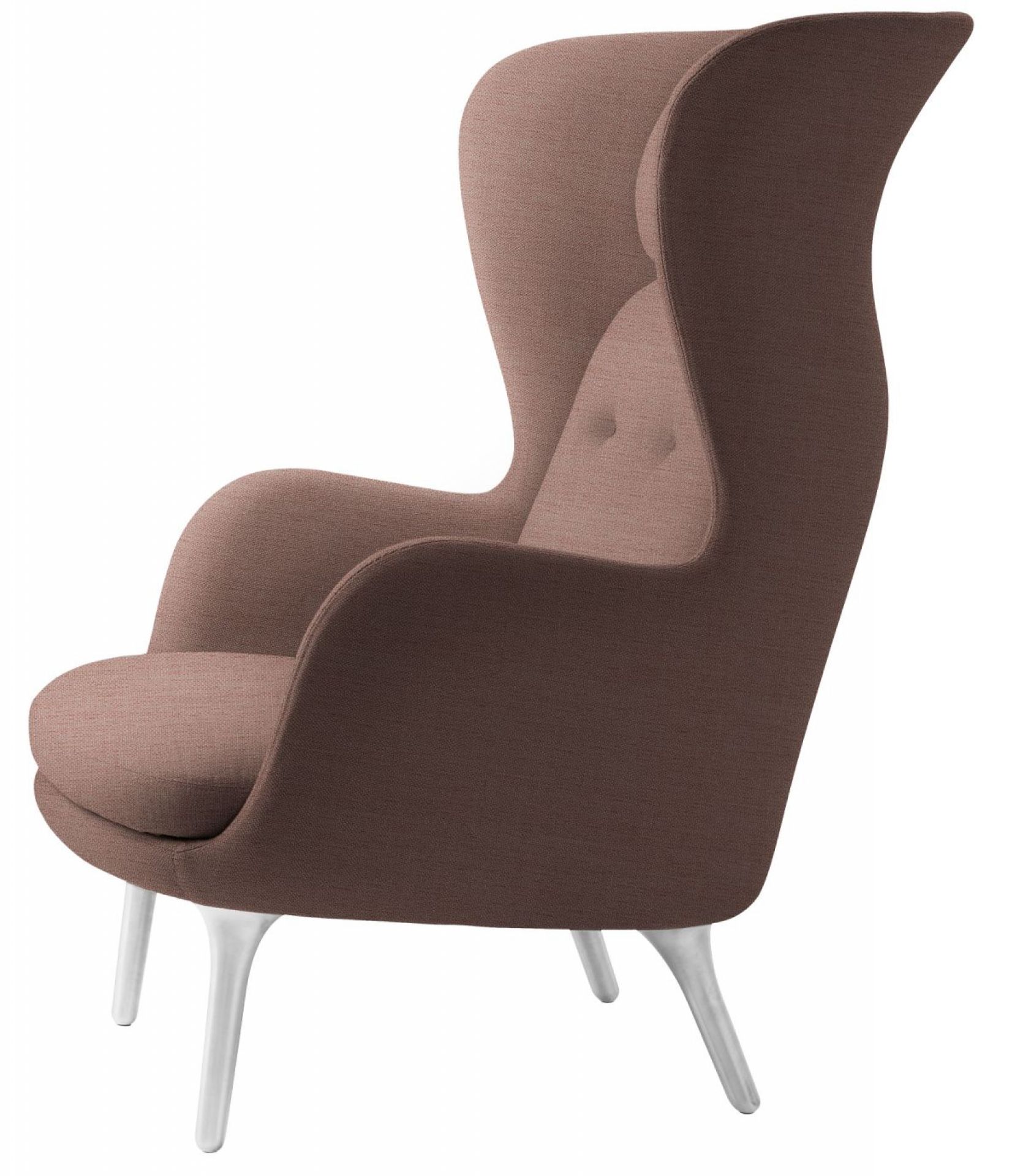 Ro Sessel von Fritz Hansen, brauner Ohrensessel mit Aluminiumfuß, seitliche Ansicht. Moderner Design-Sessel für Wohnzimmer und Büro.