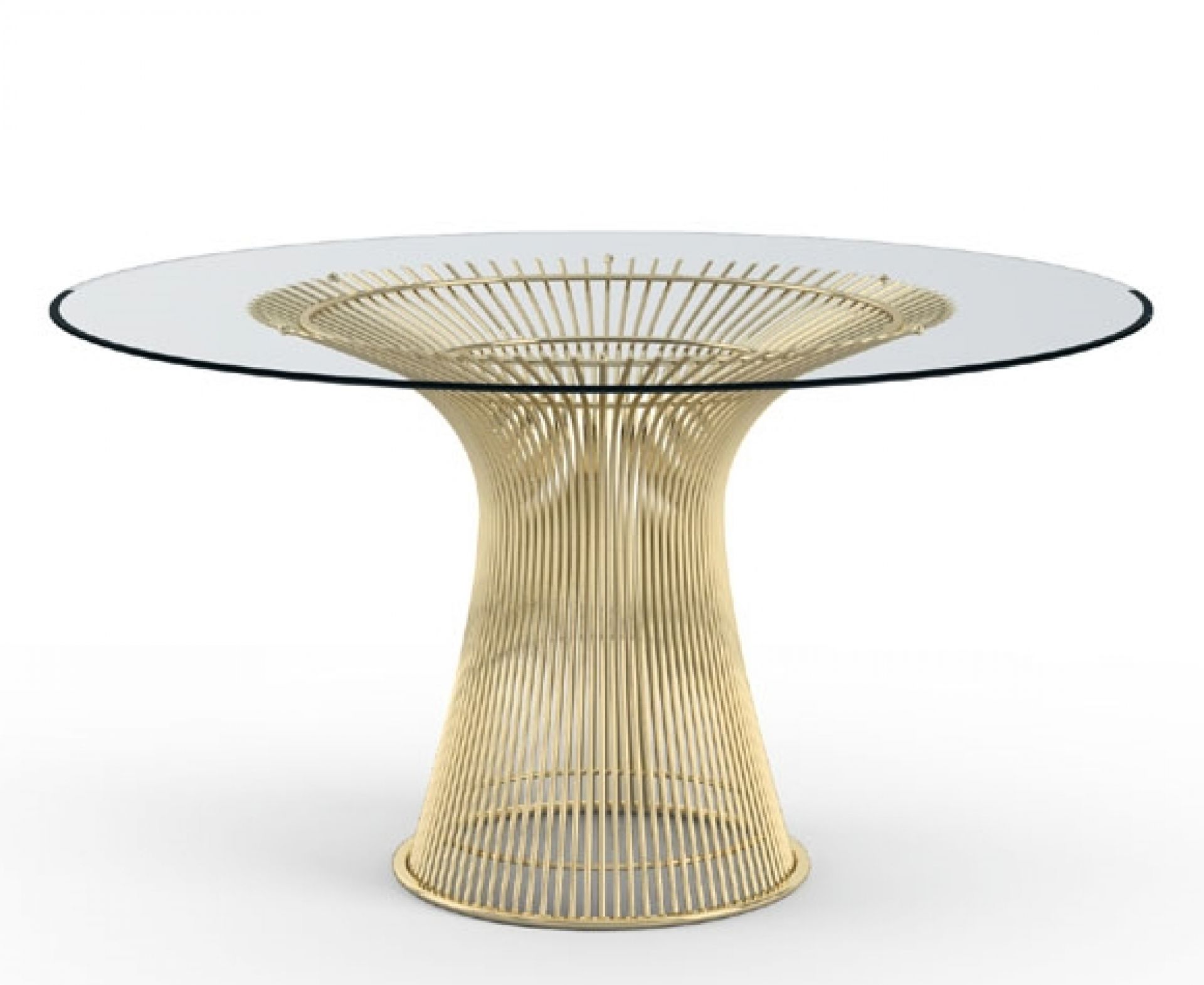 Platner Tisch mit Glasplatte und goldfarbenem, skulpturalem Drahtgestell für Esszimmer oder Wohnbereich.