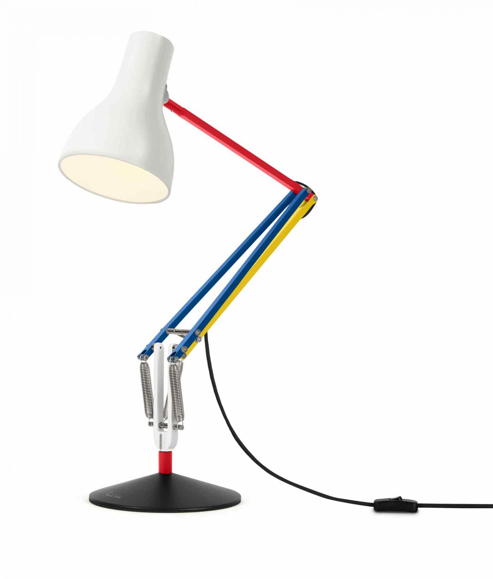 Anglepoise Type 75 Mini Paul Smith Edition Tischleuchte mit weißem Lampenschirm und farbigem Arm.