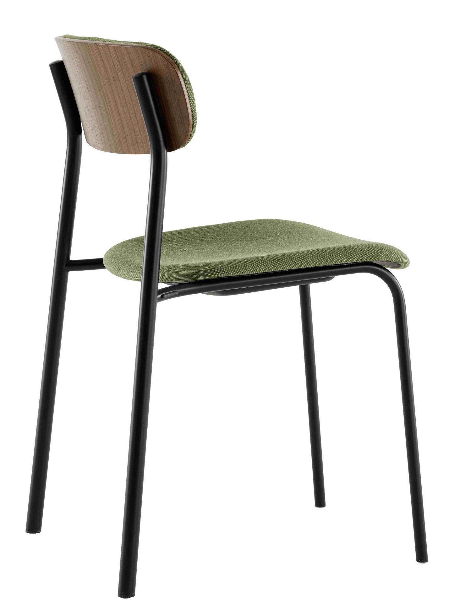 Thonet S 243 PV  Stahlrohrstuhl mit grüner Polsterung und Rückenlehne aus Holz, modernes Möbeldesign.