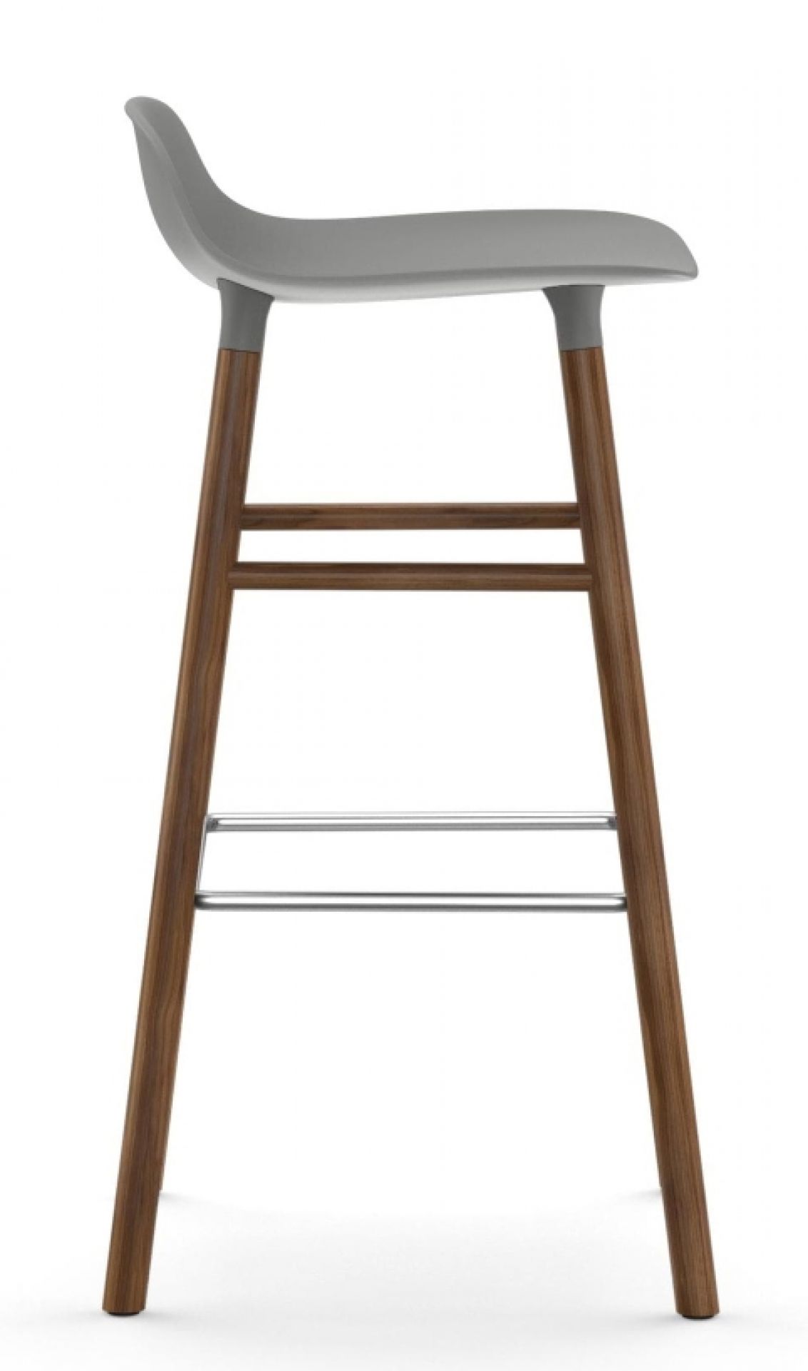 Normann Copenhagen Form Barhocker H 75 cm aus Holz, grauer Sitz, Fußstütze aus Metall.