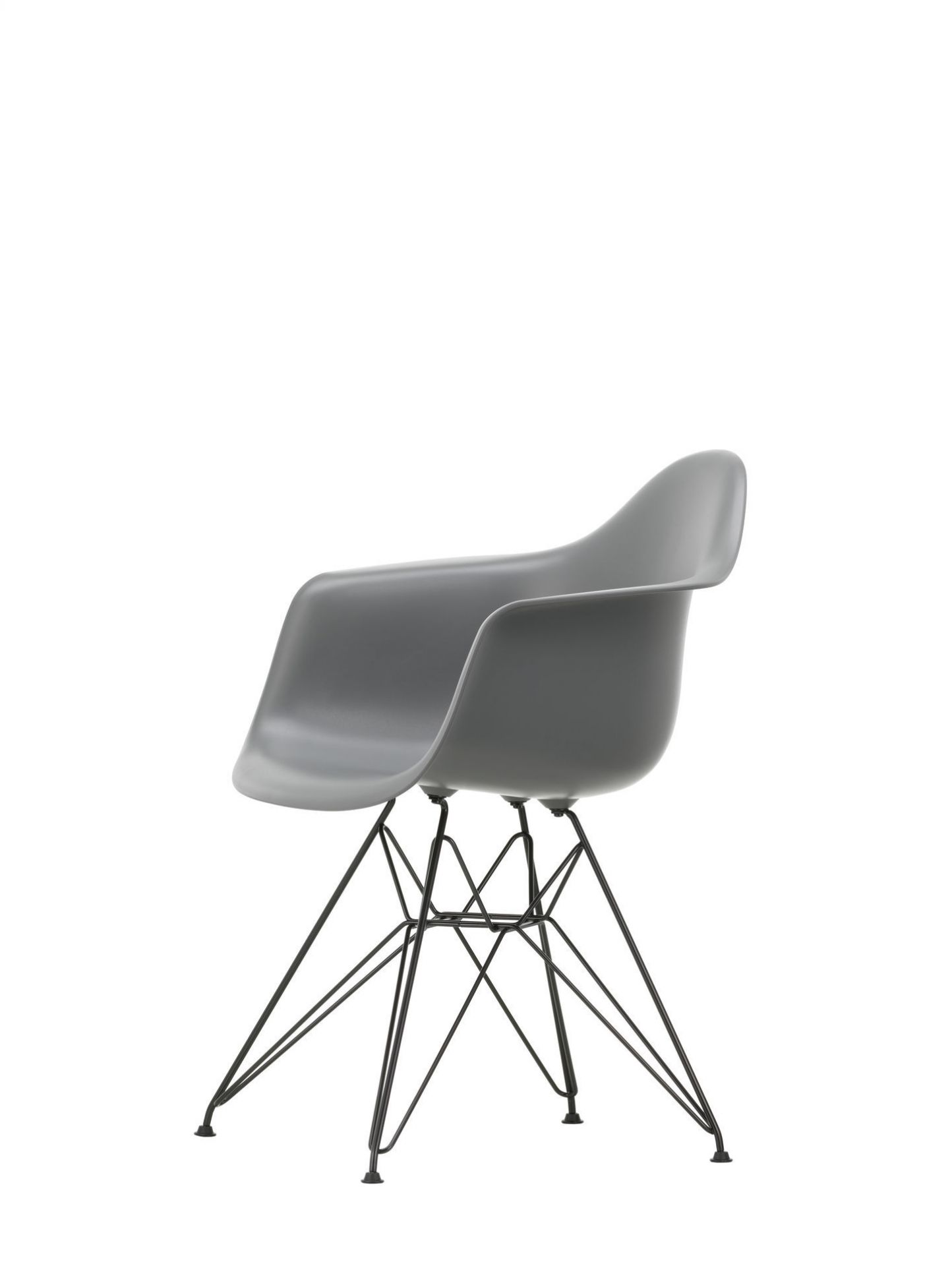 Eames Plastic Arm Chair DAR Stuhl Vitra in Forest, moderner Designklassiker mit schwarzem Eiffelturm-Gestell.