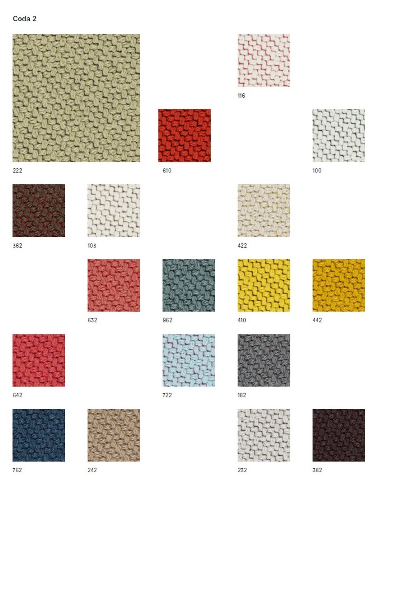 Stoffmusterkarte Coda von Kvadrat mit verschiedenen Farben und Texturen für Polsterstoffe und Möbel.