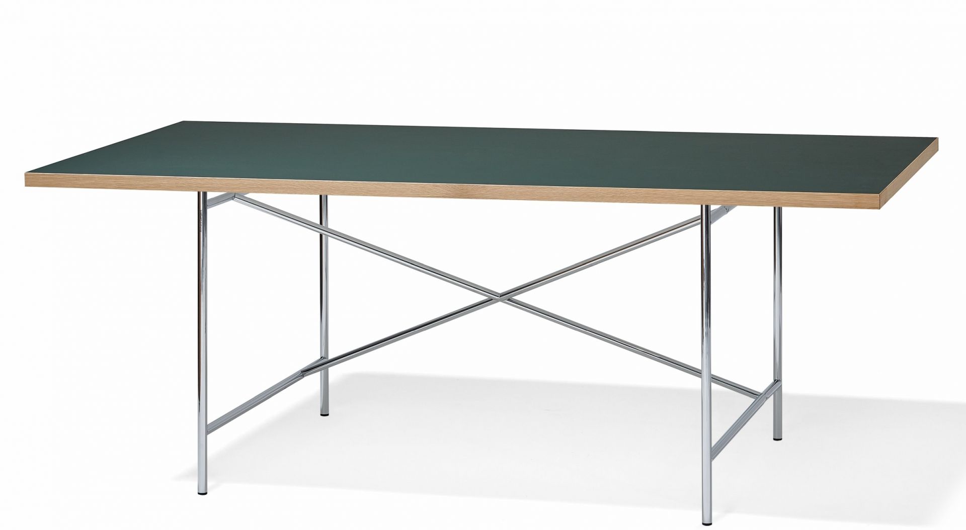 Eiermann Tischplatte mit Linoleum in Konifere und Chromgestell. Schreibtisch, Esstisch, Büromöbel.