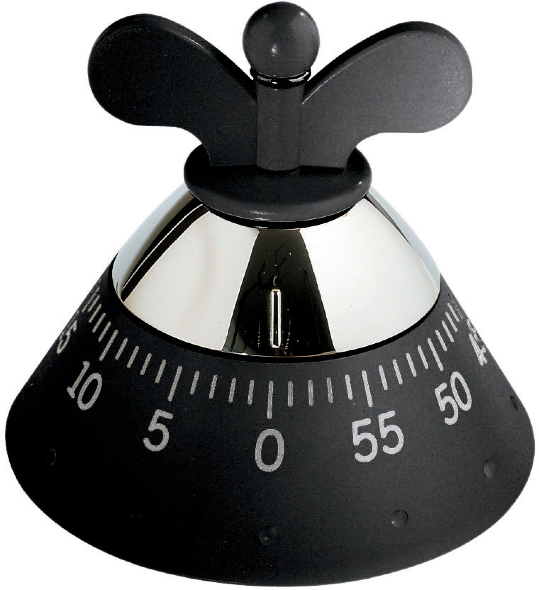 Schwarzer Alessi Küchentimer/Küchenwecker mit Drehknopf und Zeitanzeige, ideal für präzises Kochen und Backen.