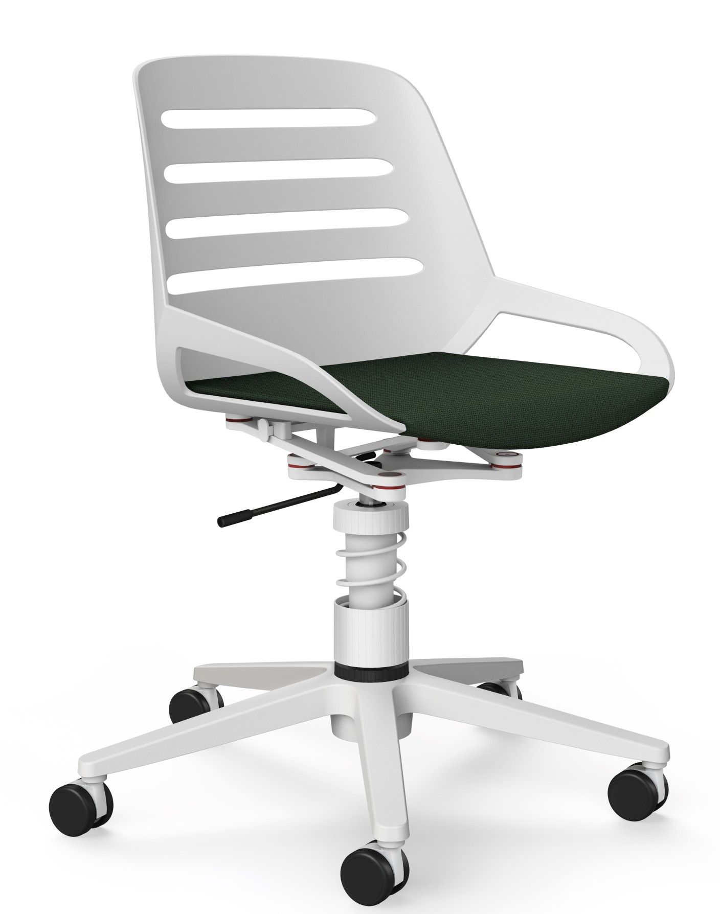 Numo Bürodrehstuhl von Aeris in Weiß mit Federbein und Rollen, ergonomischer Arbeitsstuhl für das Büro.
