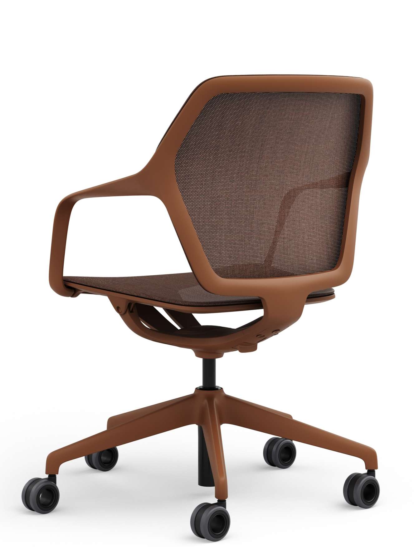 Ray Work Bürodrehstuhl von Brunner, brauner ergonomischer Bürostuhl mit Armlehnen und Rollen, Ansicht von hinten.