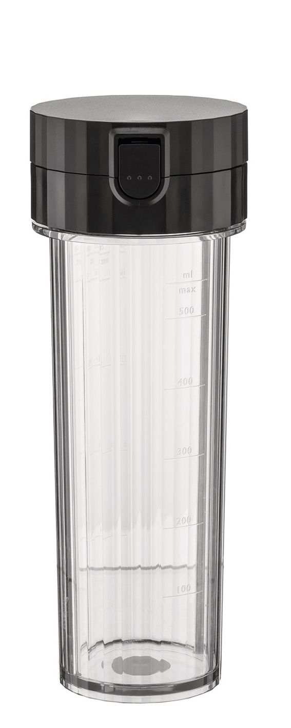 Alessi Plissé Smoothie Maker, leerer Behälter mit schwarzem Deckel und Füllstandsanzeige.
