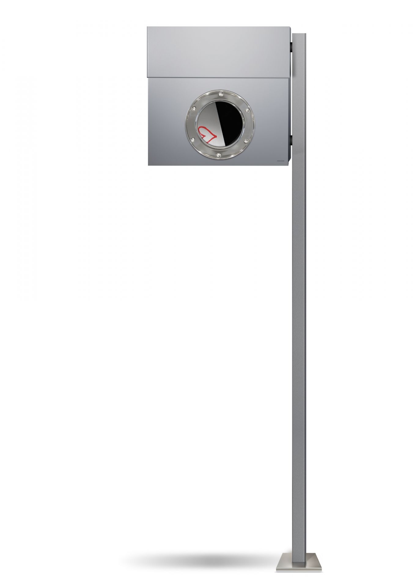 Moderner Letterman I Briefkasten Radius in Silber mit Zeitungsfach und Bullauge, freistehend.