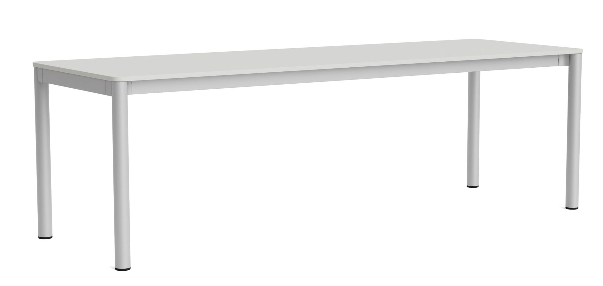 Annex Table von Hay, ein moderner Esstisch mit schlichter, weißer Tischplatte und silberfarbenem Metallgestell.