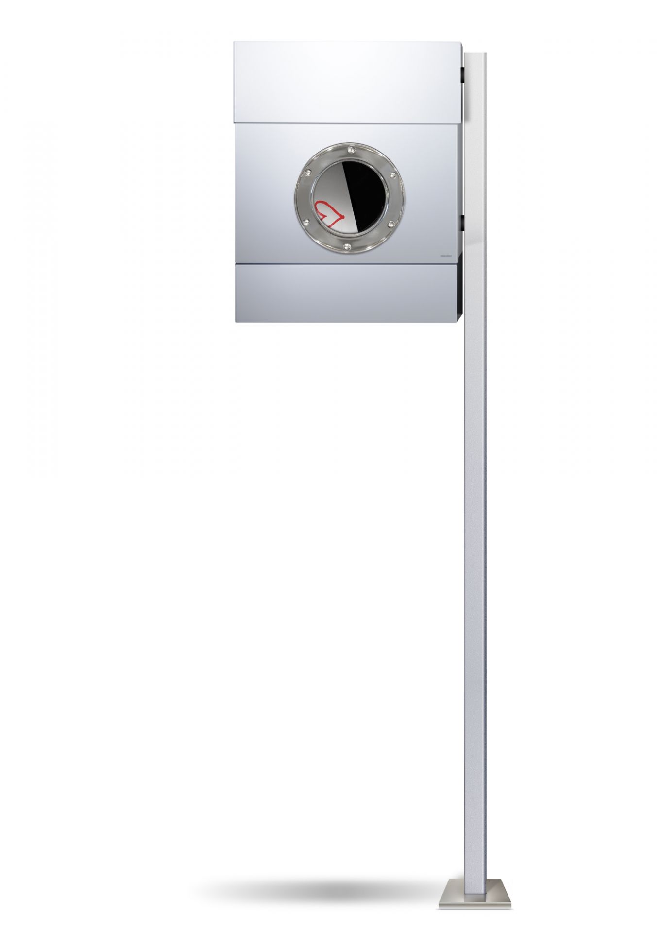 Freistehender Letterman II Briefkasten Radius in Silber mit Bullauge und Zeitungsfach, modernes Design für den Außenbereich.