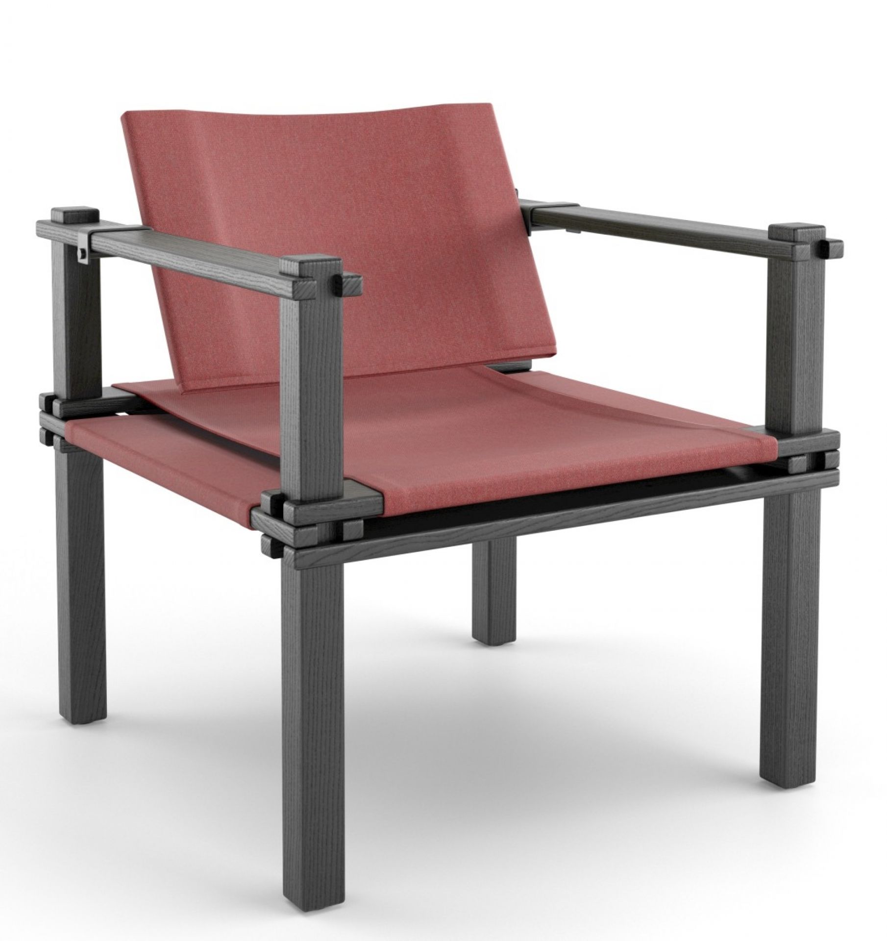 Farmer Sessel Outdoor Cor: Moderner Outdoor-Sessel mit roter Stoffbespannung und dunklem Holzgestell für Garten und Terrasse.